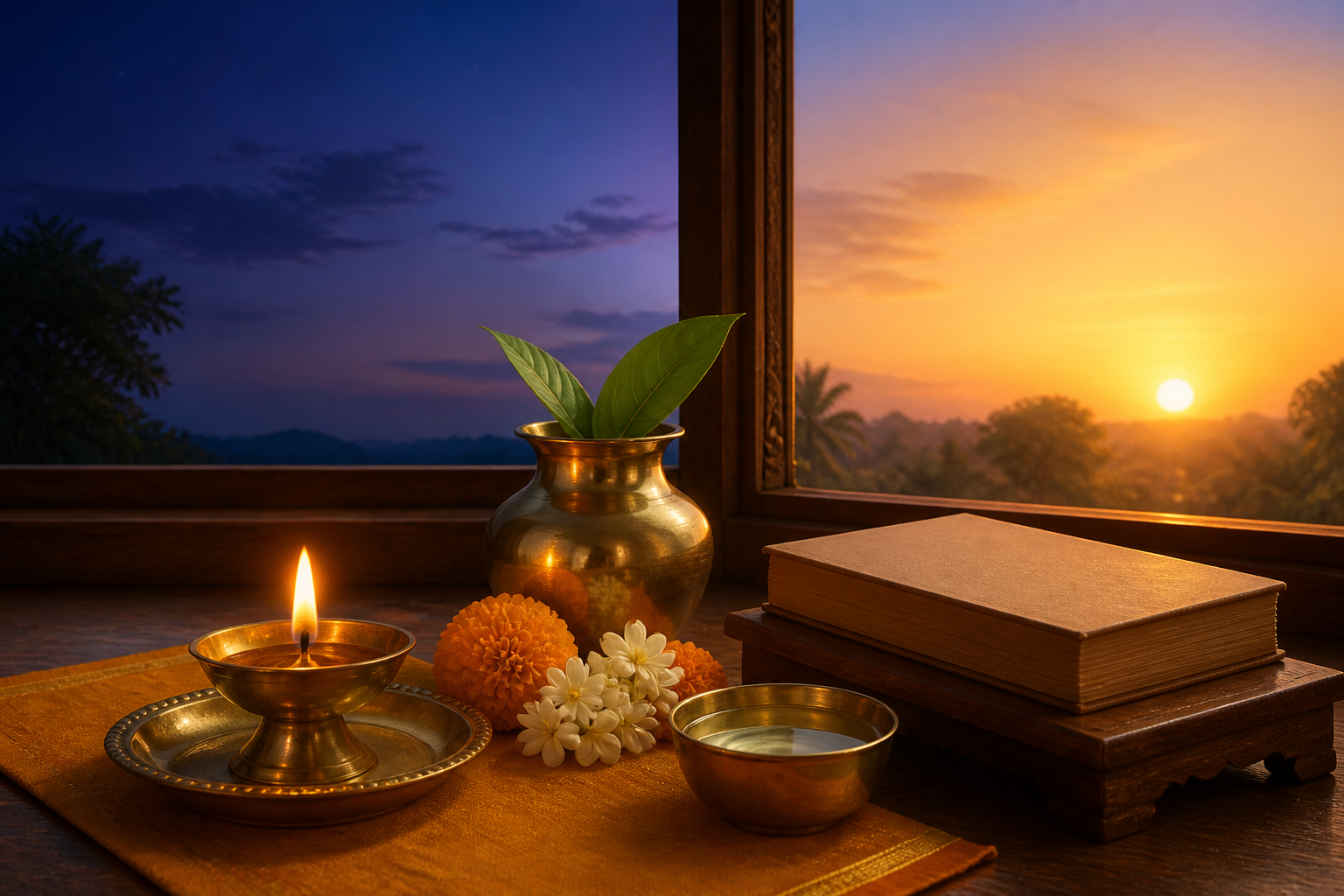 A dawn puja arrangement with a lit brass diya, kalasha, flowers, water bowl, and unmarked almanac beside a window where the sky changes from blue to gold.