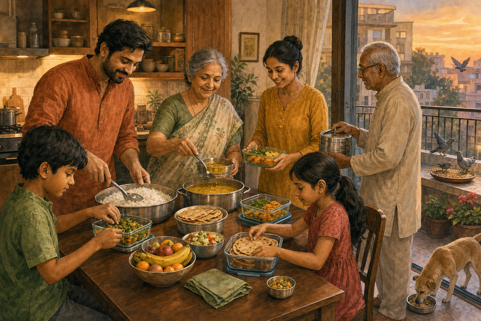 A family in an apartment kitchen portions dal, rice, flatbread, vegetables, and fruit for neighbors and animals before sitting down to dinner.