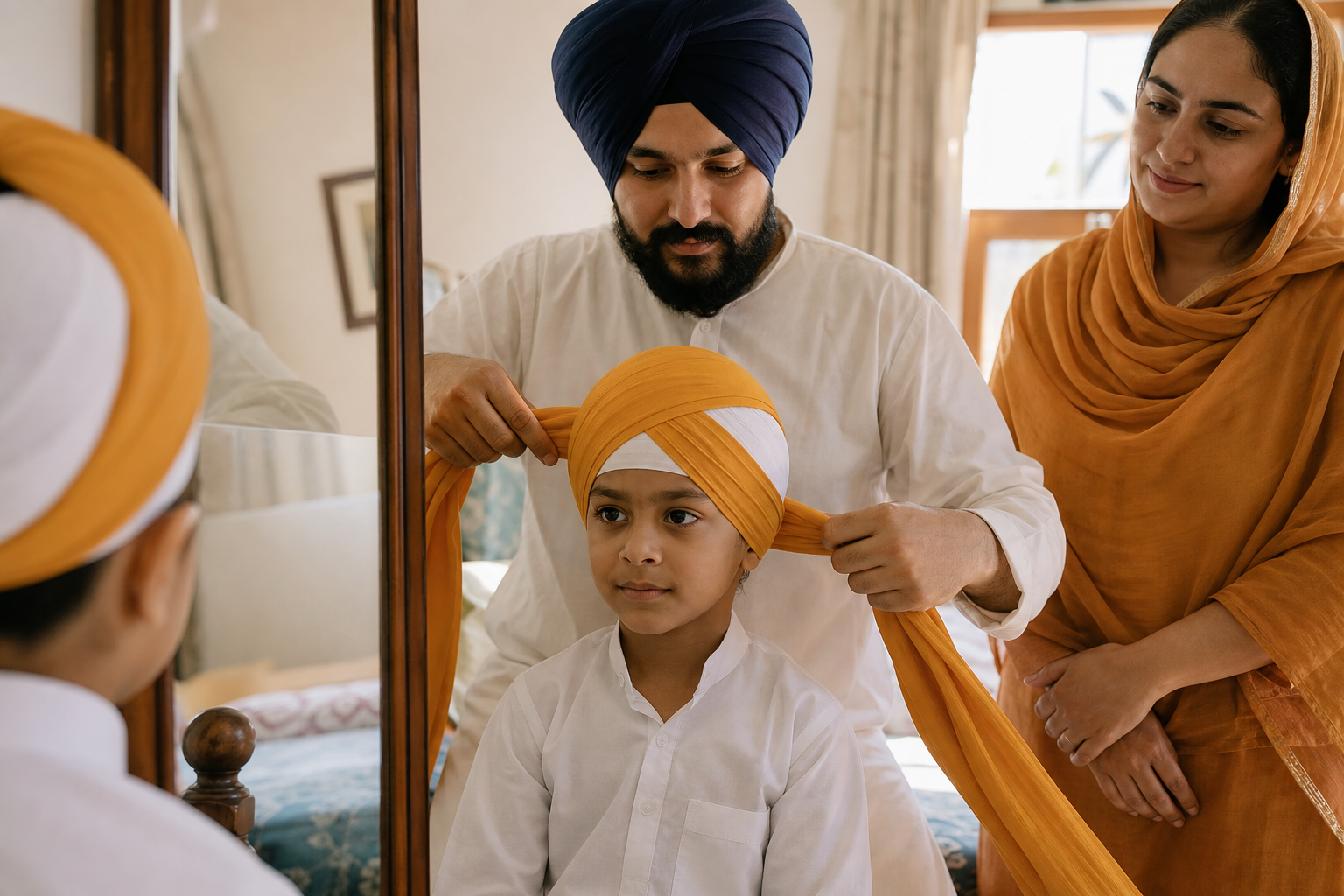 A parent gently ties a turban on a Sikh child seated in front of a mirror while another family member watches supportively.