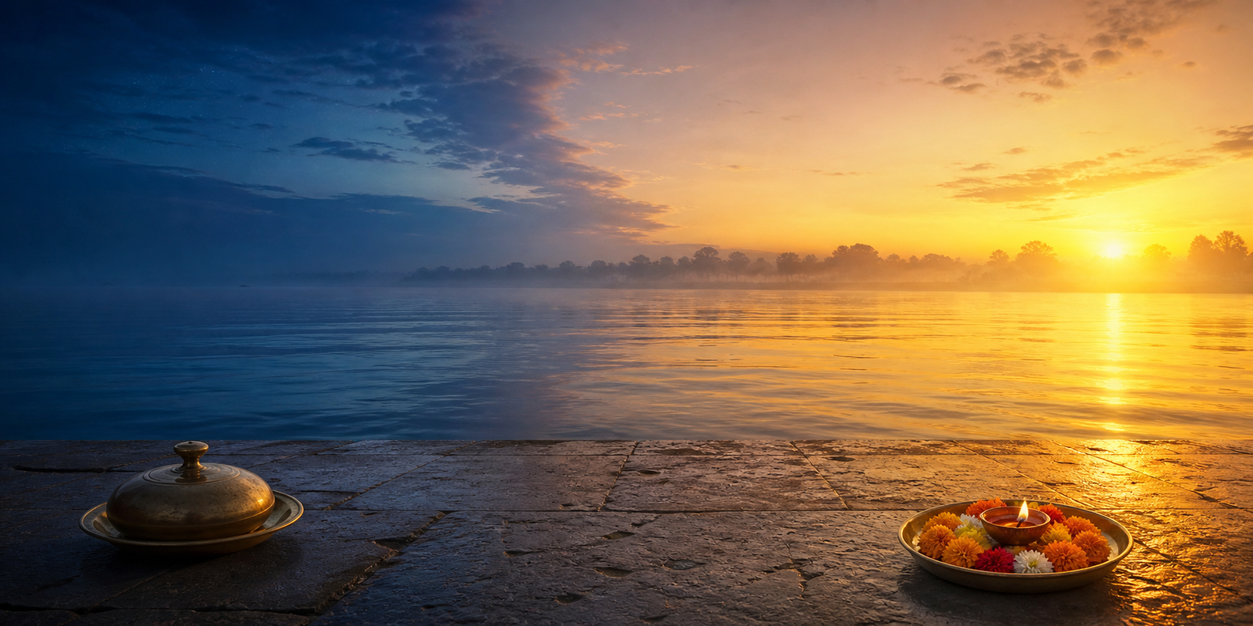 A continuous riverside terrace changes from predawn blue to morning gold, with separate brass ritual preparations shown on either side of the dawn light.