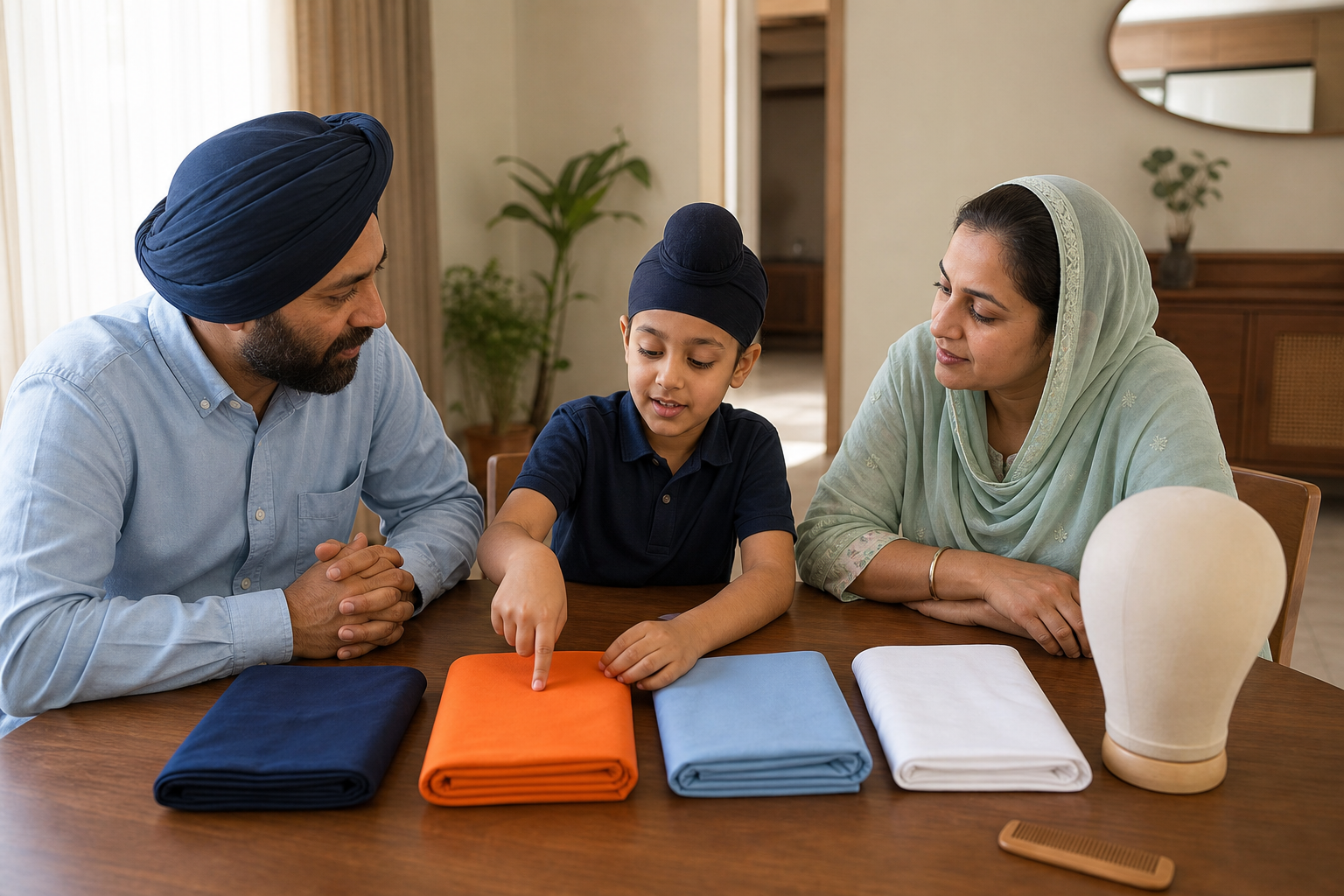 A Sikh child chooses among folded turban cloths while discussing Dastar Bandi preparations with two guardians at home.