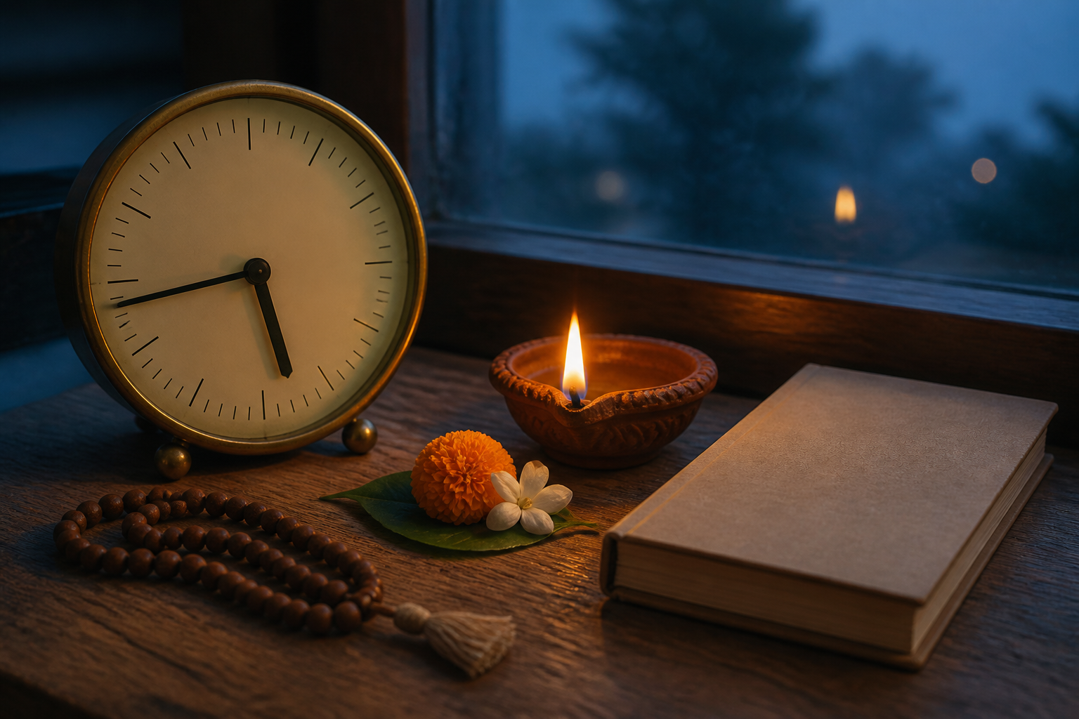 A numeral-free brass clock showing about 5:43 stands beside a lit clay lamp, flowers, prayer beads, and an unmarked panchang in predawn light.
