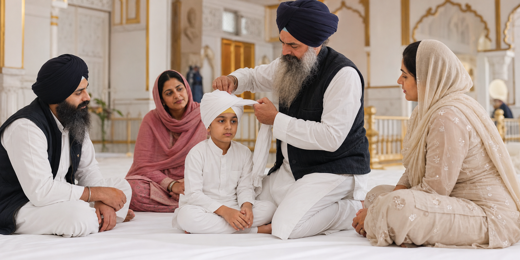 An adult ties a Sikh child's turban during a small family gathering in a gurdwara prayer hall.