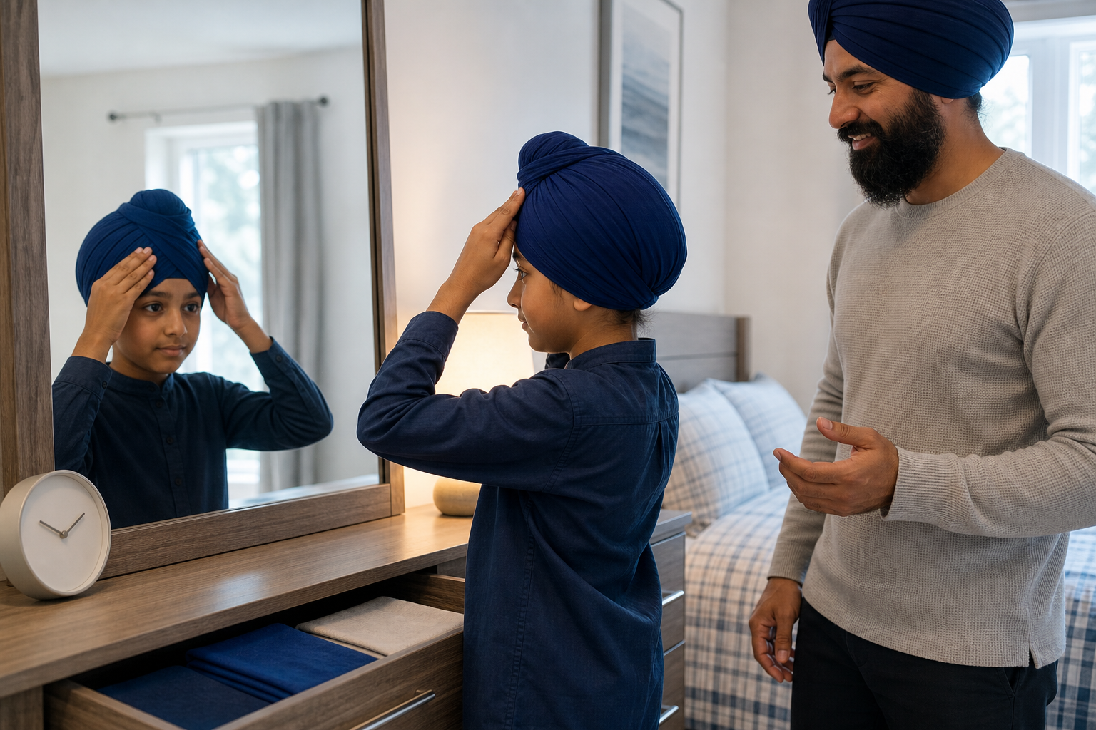 A Sikh child practices adjusting an everyday turban in a bedroom mirror while a guardian offers guidance.
