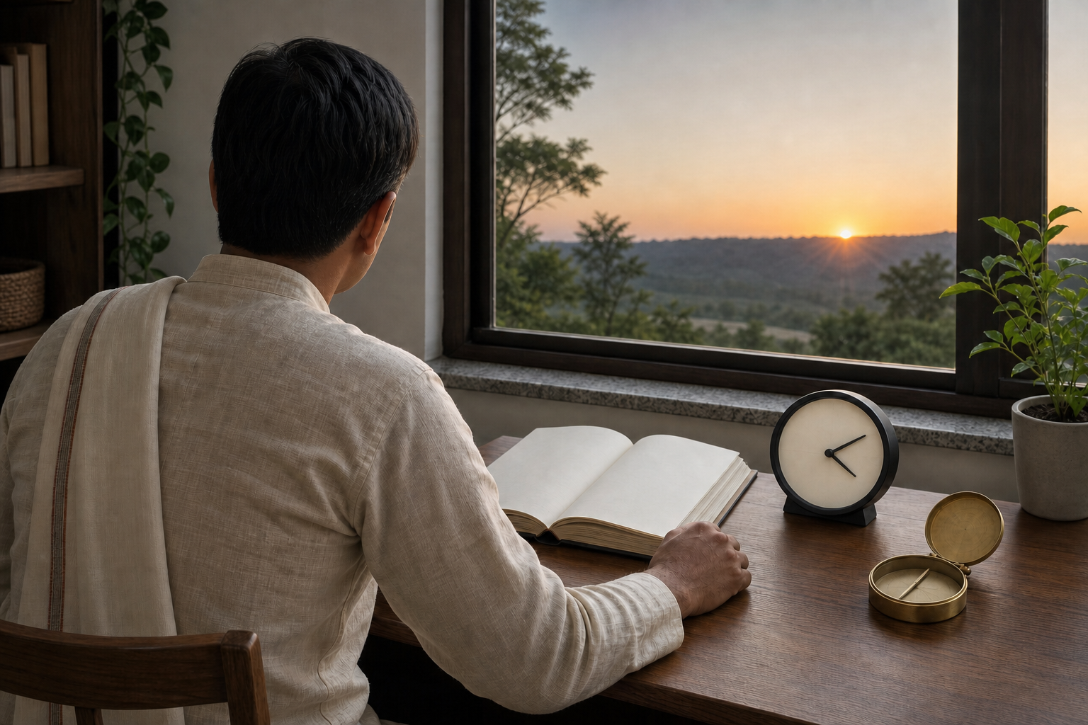 A devotee at a window-side desk examines an unmarked panchang beside an analog clock and brass compass as sunrise begins over the local horizon.