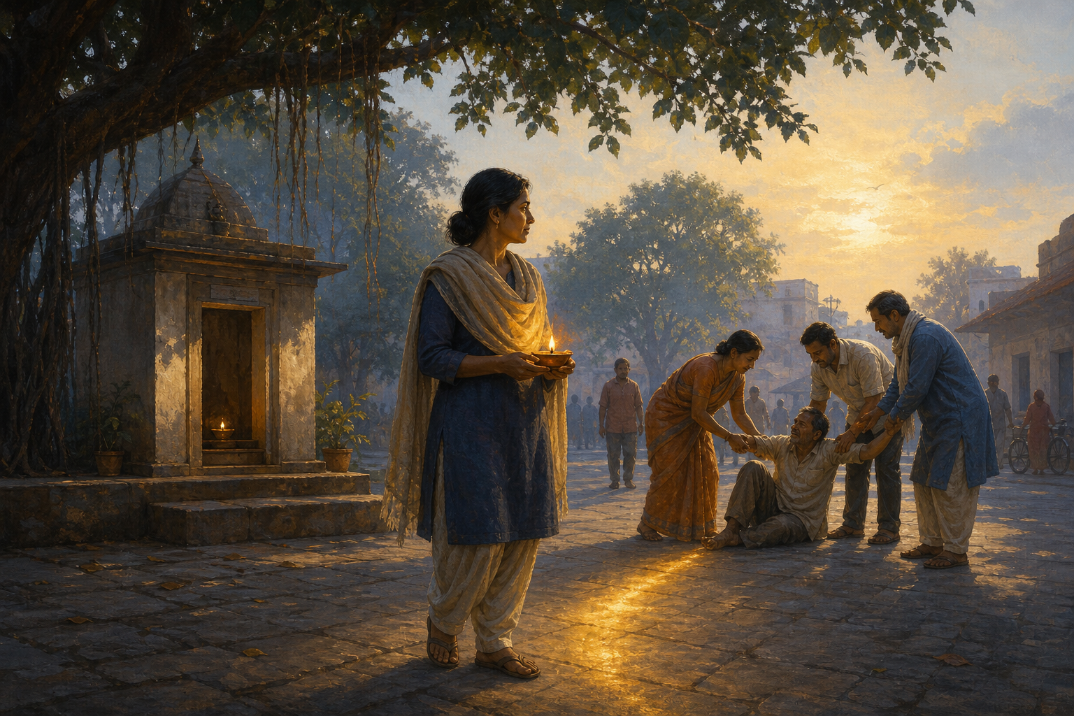 A person carrying a clay lamp walks from a quiet shrine courtyard toward neighbors helping someone in a public square at dawn.