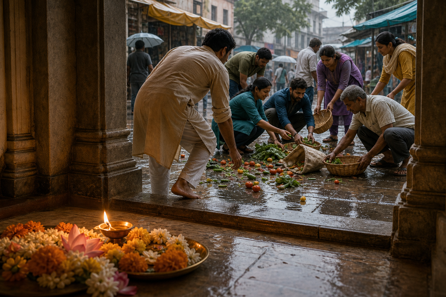 Offerings and a lamp sit inside a prayer space while people outside help a market vendor collect produce scattered by rain.
