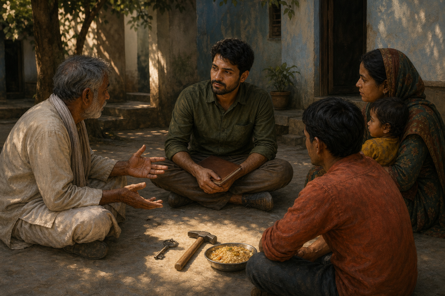Four people discuss a concern in a shaded courtyard around a key, a work tool, and a bowl placed on the ground.