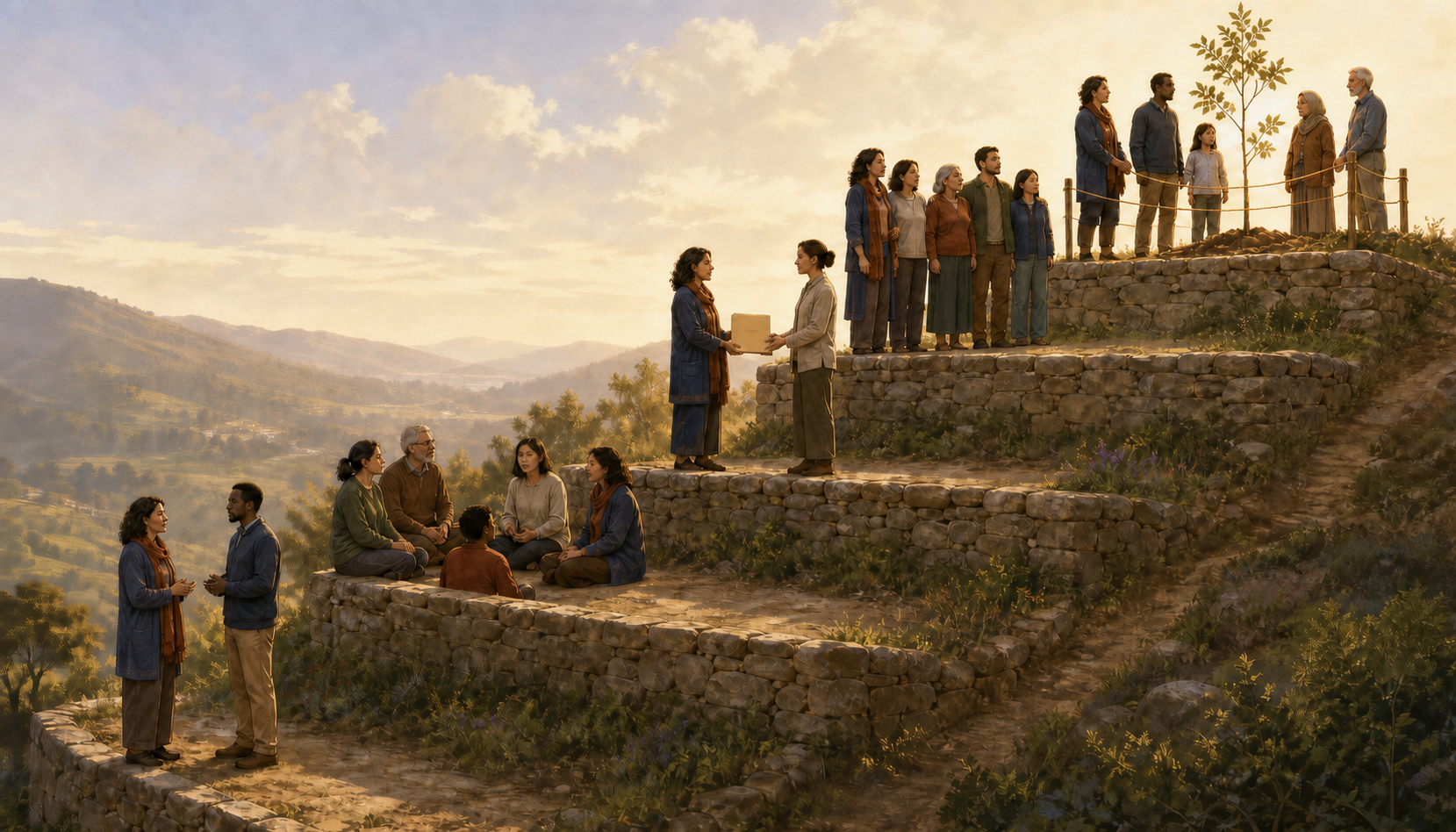 Community members ascend stone terraces, moving from conversation and mediation to peaceful collective protection of a young tree.