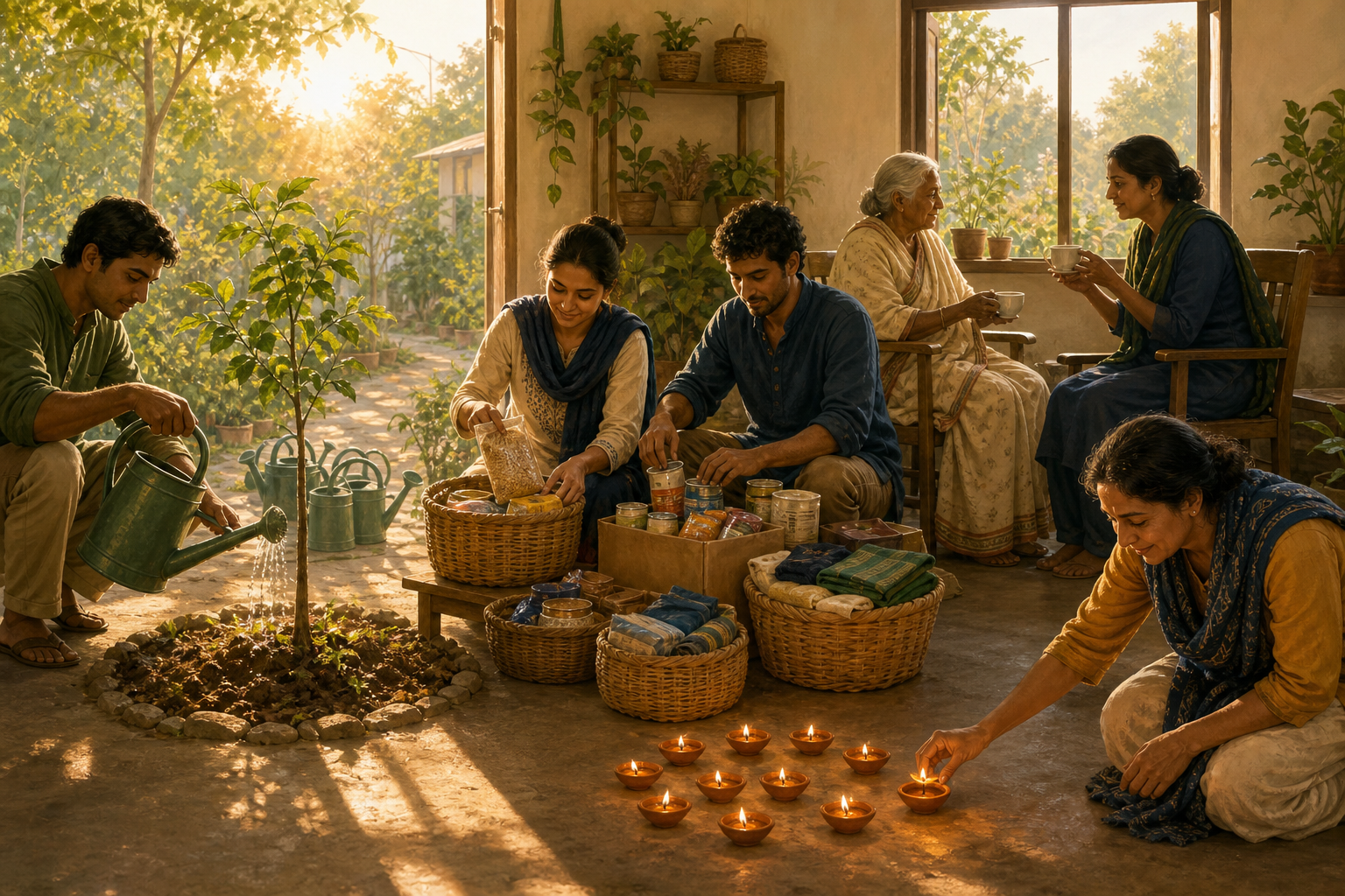 People in a community room tend a tree, organize supplies, share tea with an elder, and add a clay lamp to a glowing circle.