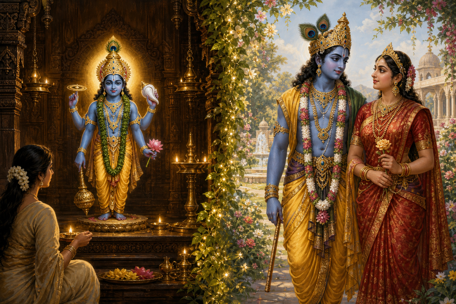 A diptych shows four-armed Guruvayurappan in a lamp-lit Kerala temple and the adult Krishna standing with Queen Satyabhama in a royal garden.