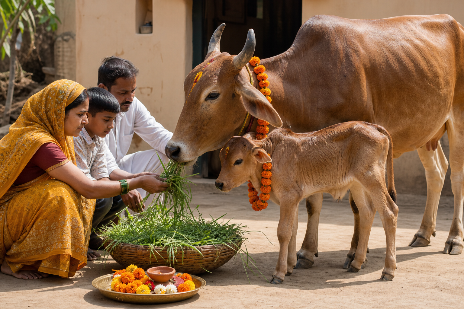 A family offers green fodder to a garlanded cow standing beside her calf in a sunlit courtyard.
