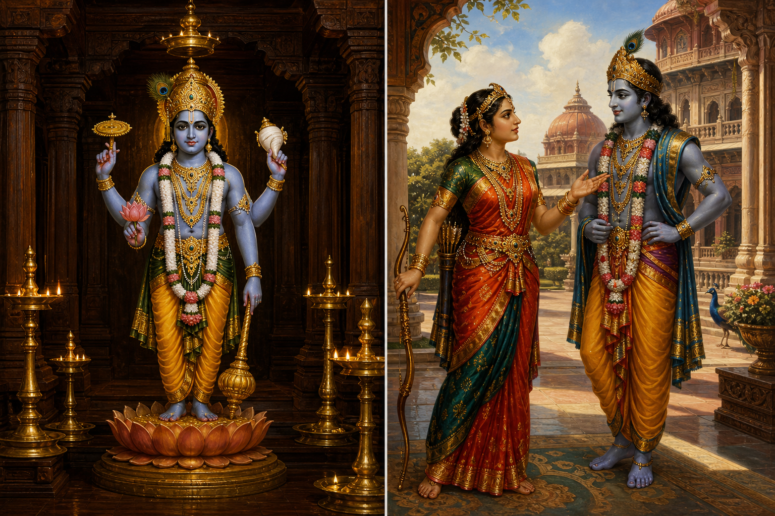 Two panels distinguish four-armed Guruvayurappan in a Kerala sanctum from Satyabhama conversing with the adult Krishna in a palace courtyard.