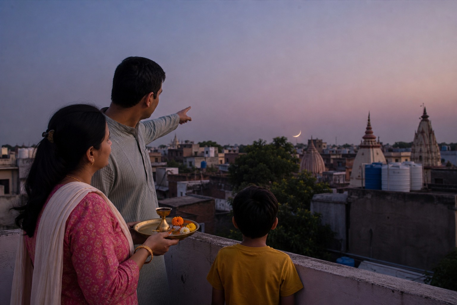 A family on a rooftop watches the moon rise above their local neighborhood while holding a brass worship plate with flowers and a lamp.