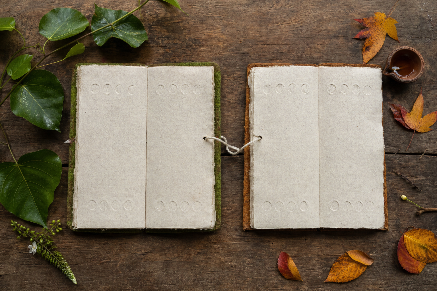 Two blank almanac-style folios with lunar-phase motifs sit beside green and autumn leaves, joined by a cotton thread.
