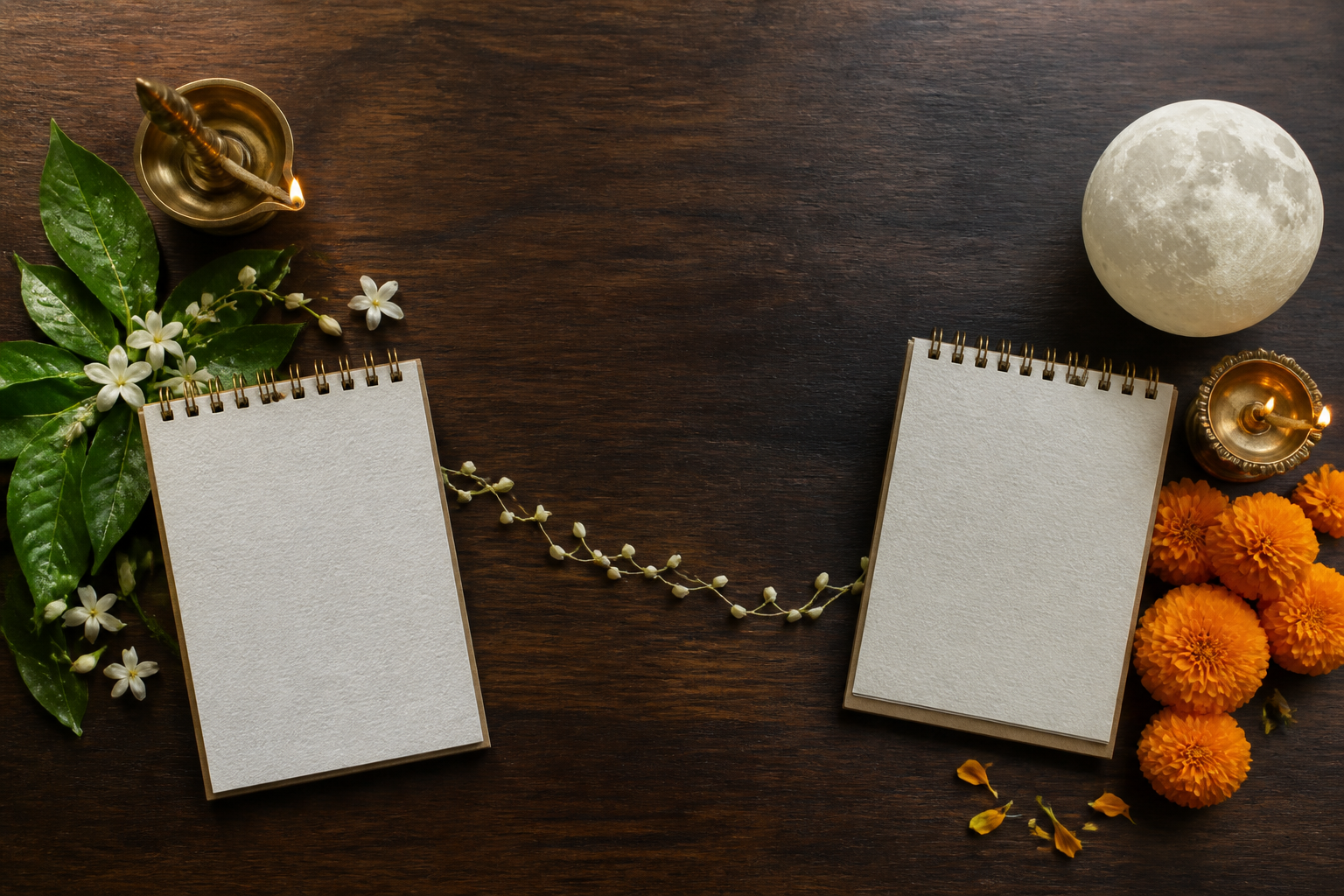 Two separate blank calendar cards are arranged with lamps and seasonal flowers on different sides of a wooden table.