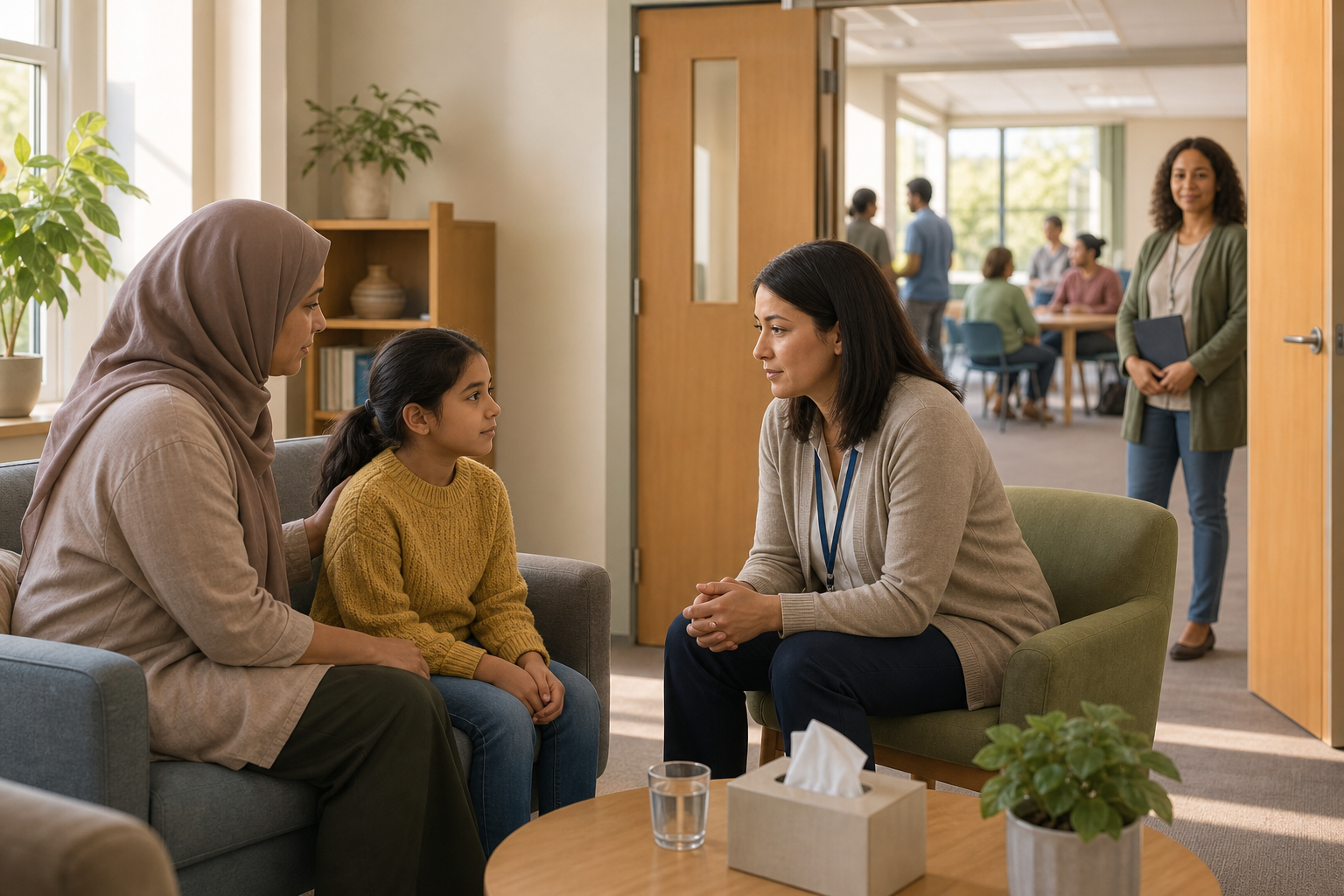 A safeguarding professional listens at eye level to a child seated beside a trusted adult in a quiet community-center room.