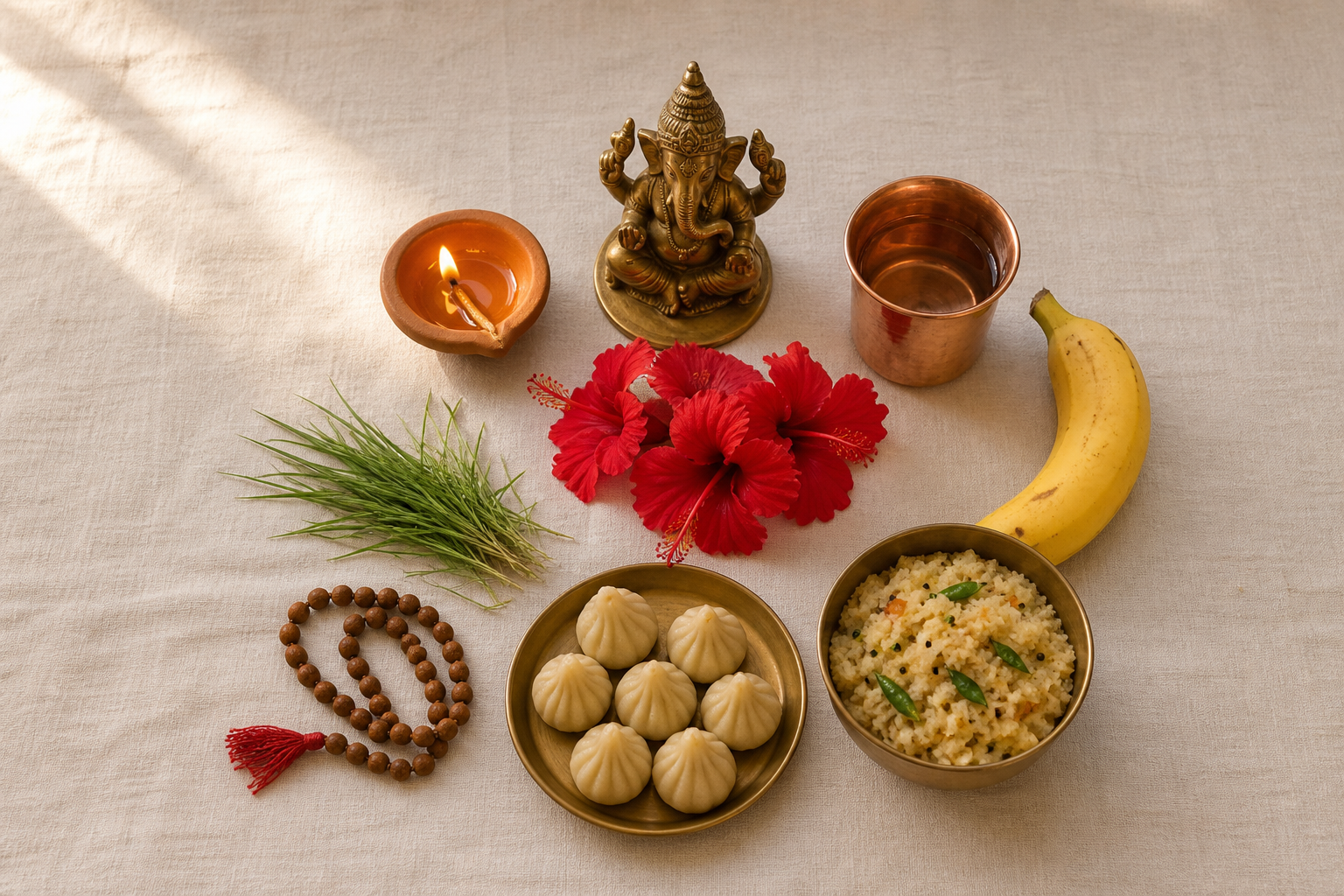 A simple Sankashti vrata arrangement includes a small Ganesha murti, oil lamp, hibiscus, durva grass, water, fruit, modaks, and prayer beads.