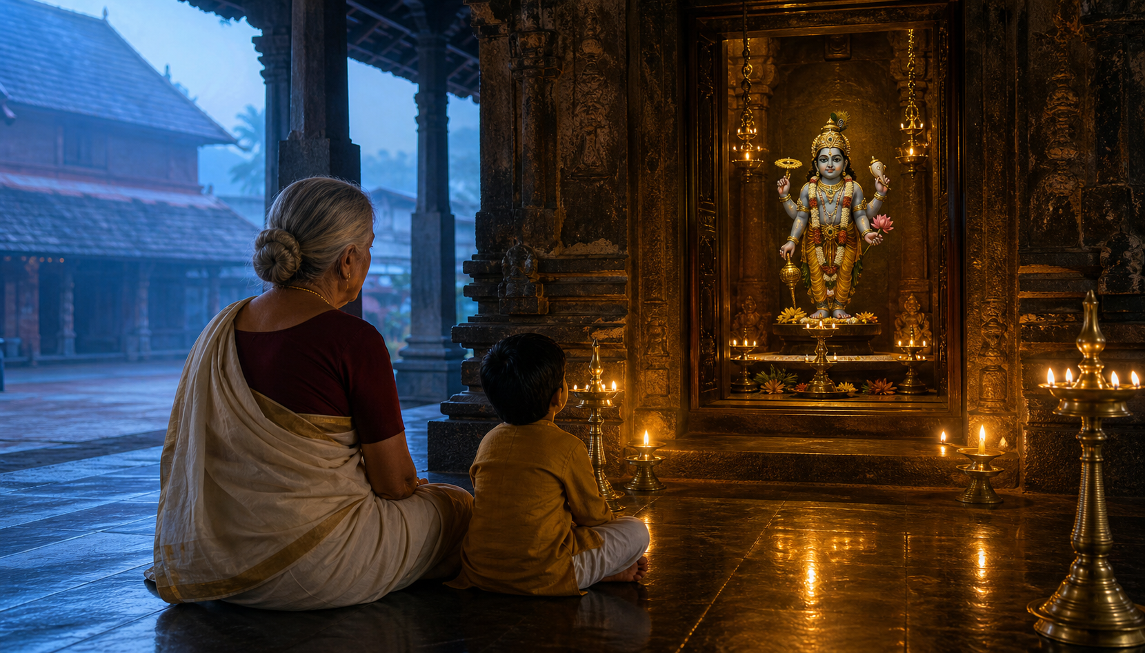An older woman and a child kneel in a Kerala temple corridor before a small four-armed Krishna deity illuminated by brass lamps.