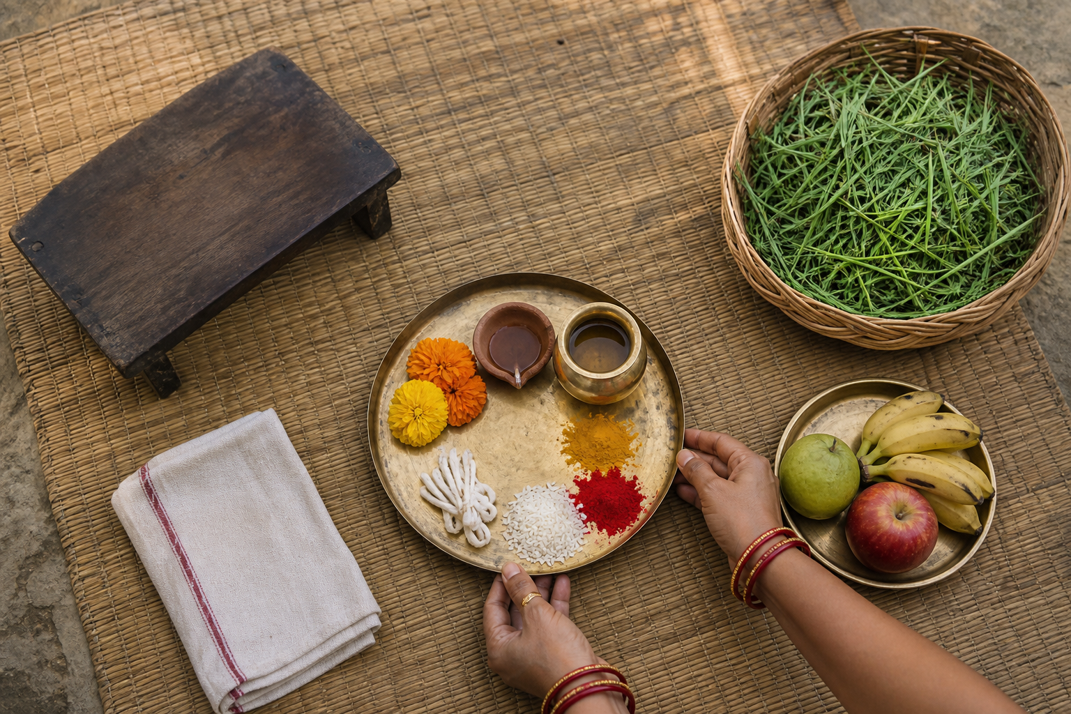 A brass puja tray, flowers, fruit, water vessel, cotton wicks, and a basket of green fodder are arranged on a woven mat.
