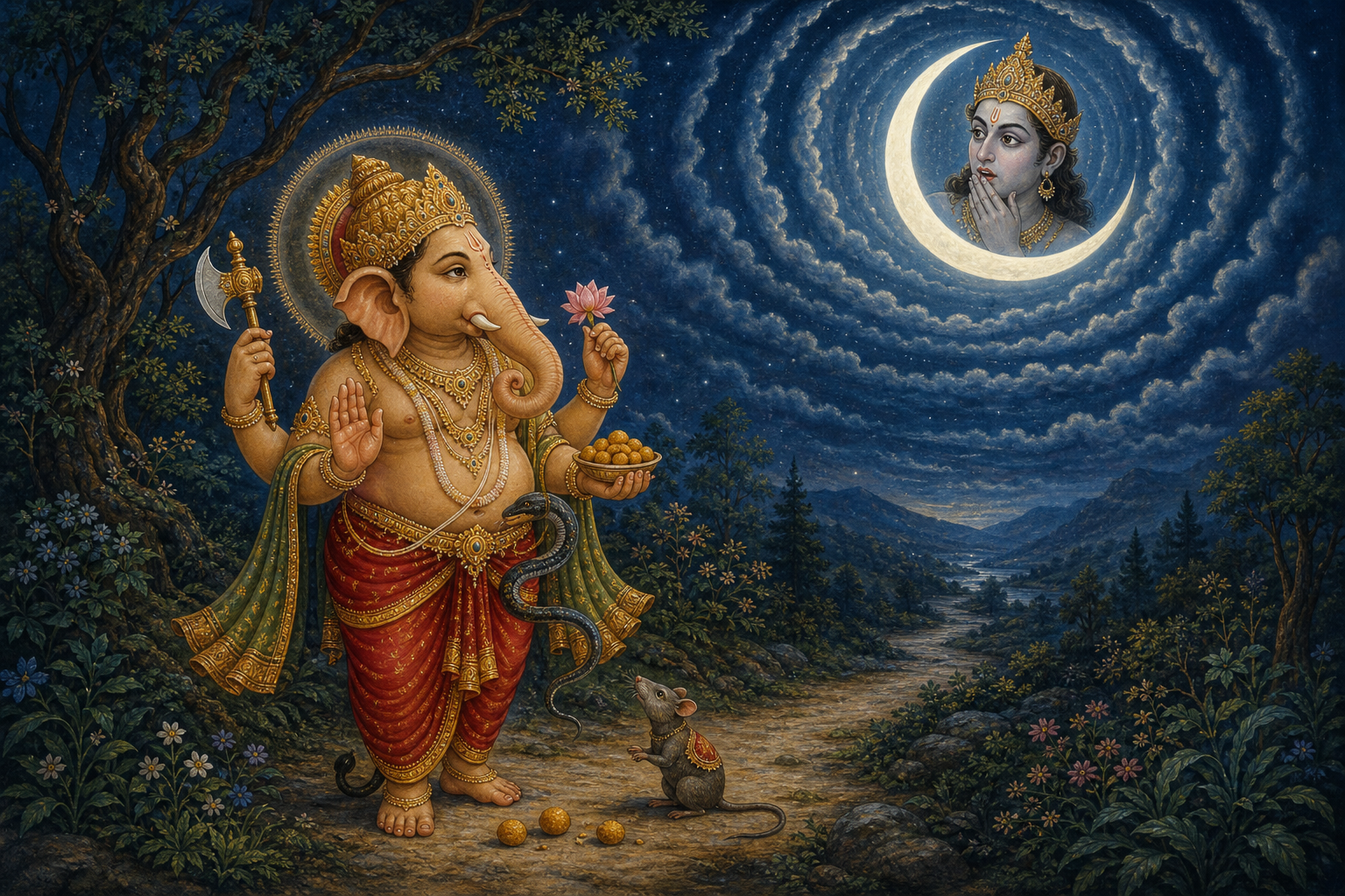 Ganesha stands with his mouse vahana, a serpent, and fallen sweets on a moonlit forest path while Chandra appears within the crescent moon above.