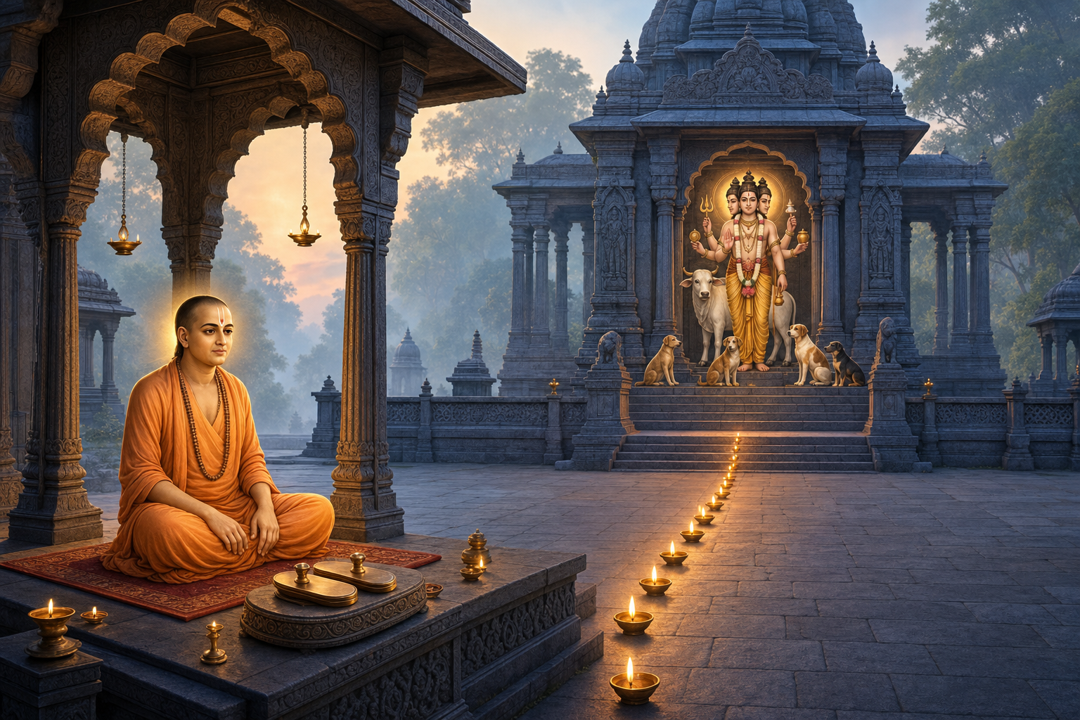 Separate pavilions show Sripada Vallabha beside padukas in the foreground and a traditional Dattatreya shrine with a cow and four dogs in the background.