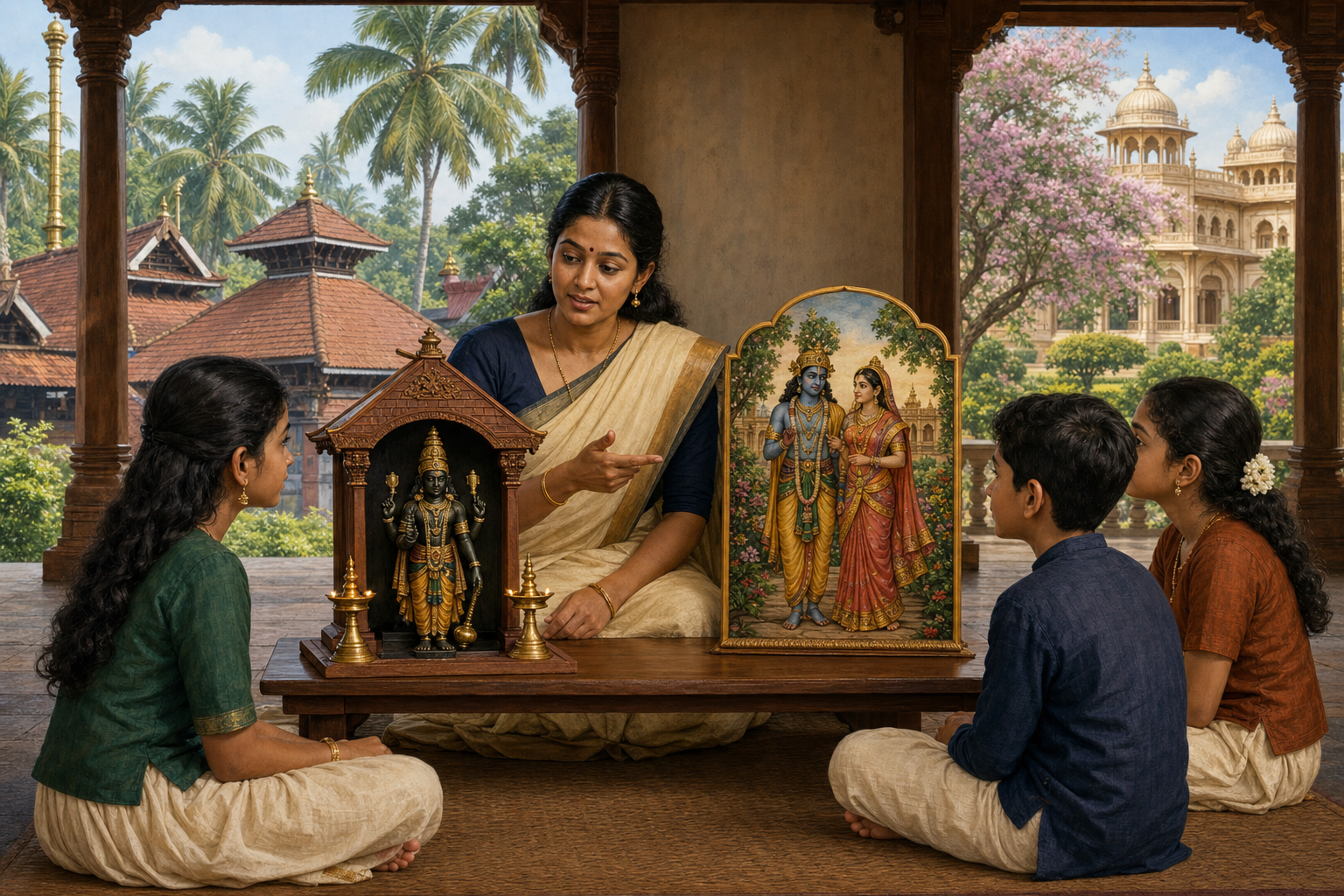 A teacher and three students compare a Guruvayurappan shrine model with a separate narrative image of Krishna and Satyabhama.