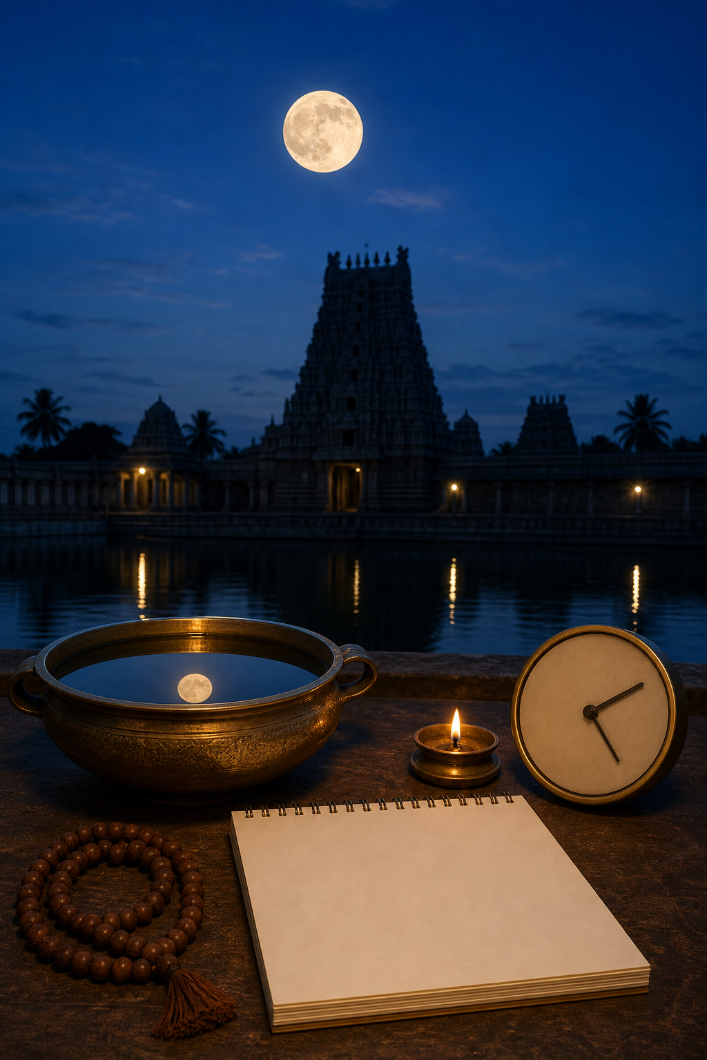 A full moon rises over a temple while an unmarked calendar, a numeral-free clock, prayer beads, and an oil lamp rest on a table.