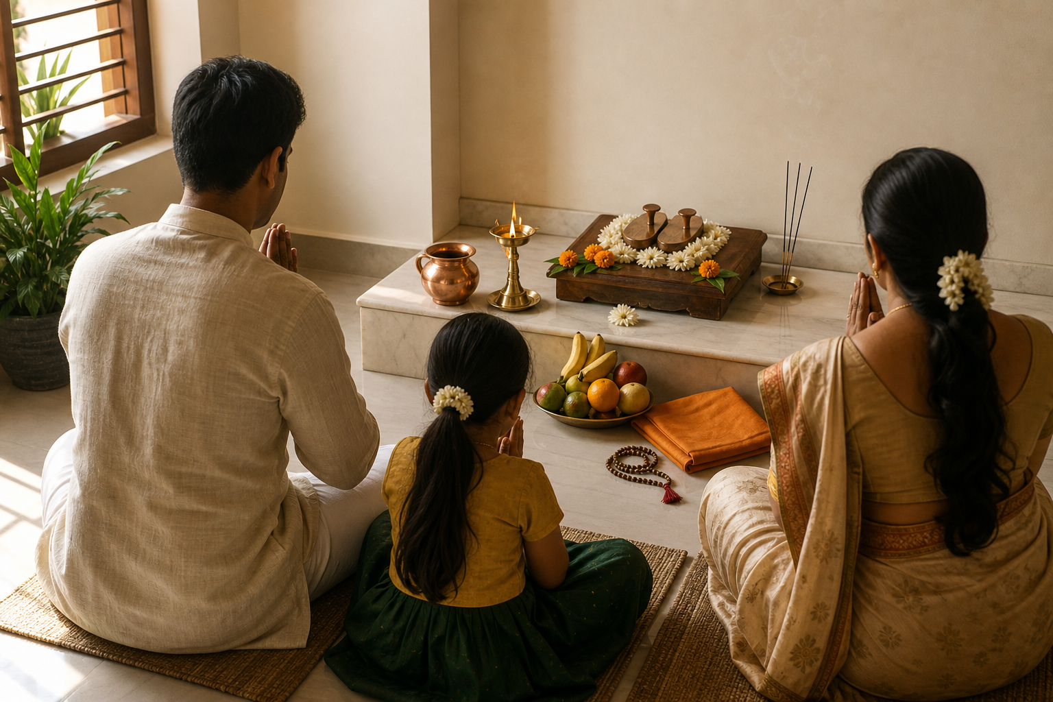 A family sits with joined hands before a modest home altar containing padukas, flowers, fruit, a copper vessel, and a brass oil lamp.