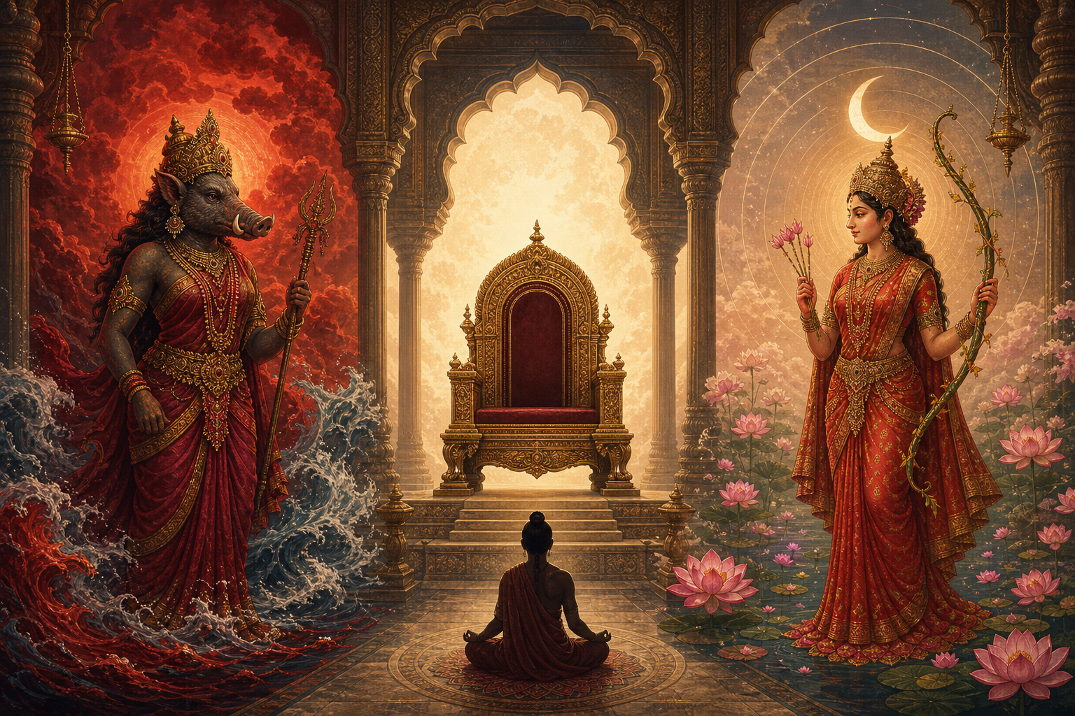 Unmatta Varahi and Kameshwari stand on opposite sides of an empty throne in a luminous temple hall, with a seated human figure below.
