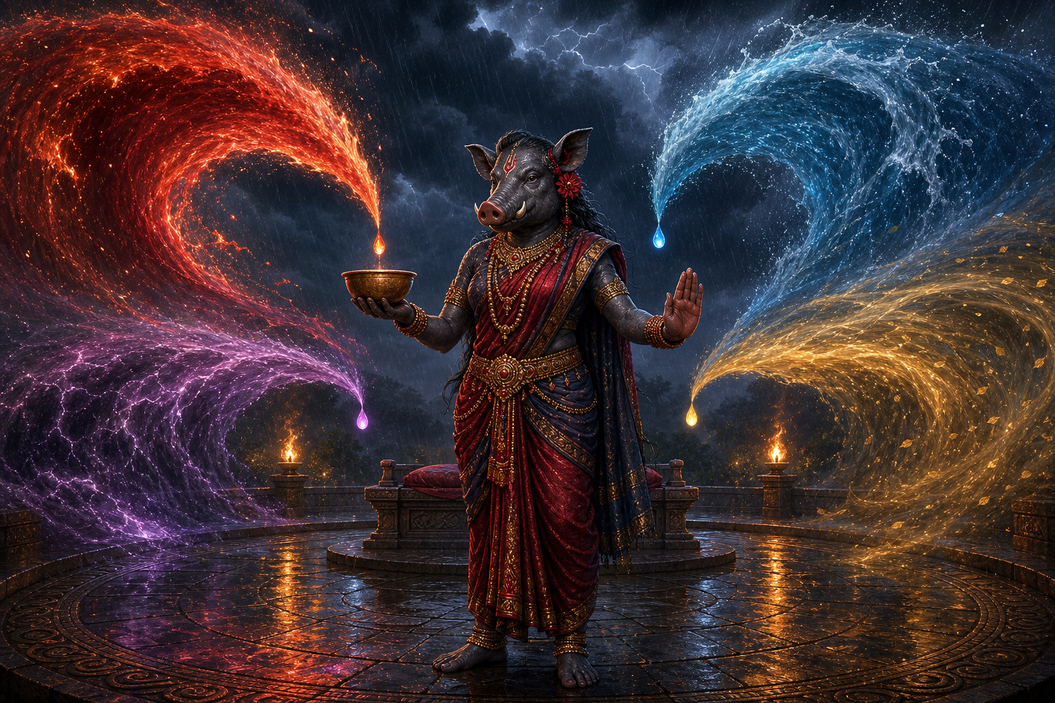 Boar-faced Varahi stands calmly in a stormy courtyard, collecting glowing drops from turbulent waves in a bronze bowl.