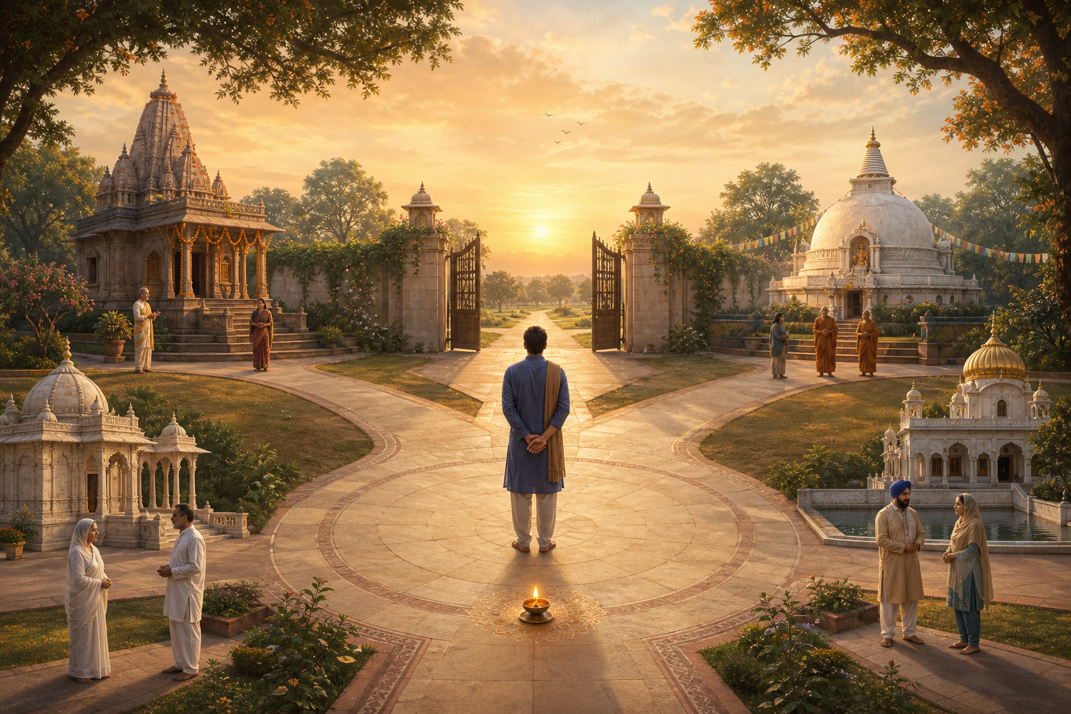 An adult stands freely in a sunlit courtyard with an open gate, several paths, and community gathering spaces around a central oil lamp.
