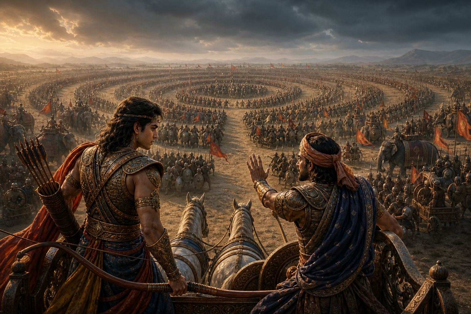 Young warrior Abhimanyu pauses in a chariot as his charioteer warns him beside the opening of a vast spiral battle formation.