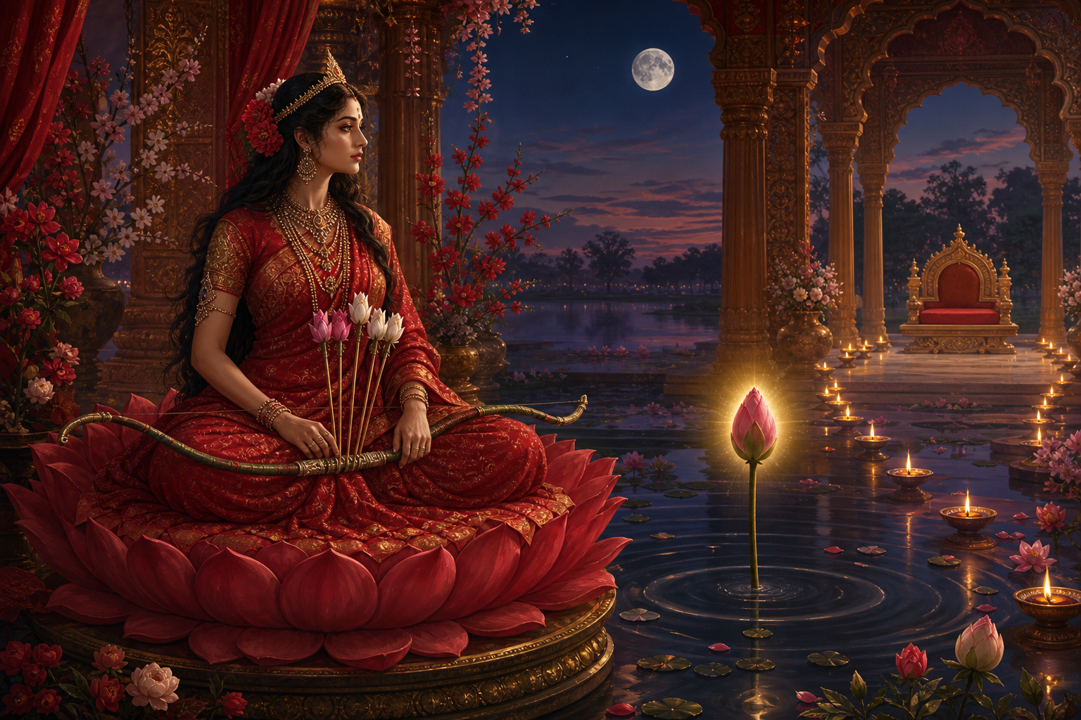 Kameshwari sits in a lotus pavilion with a lowered sugarcane bow and flower arrows, contemplating a luminous lotus bud before her.