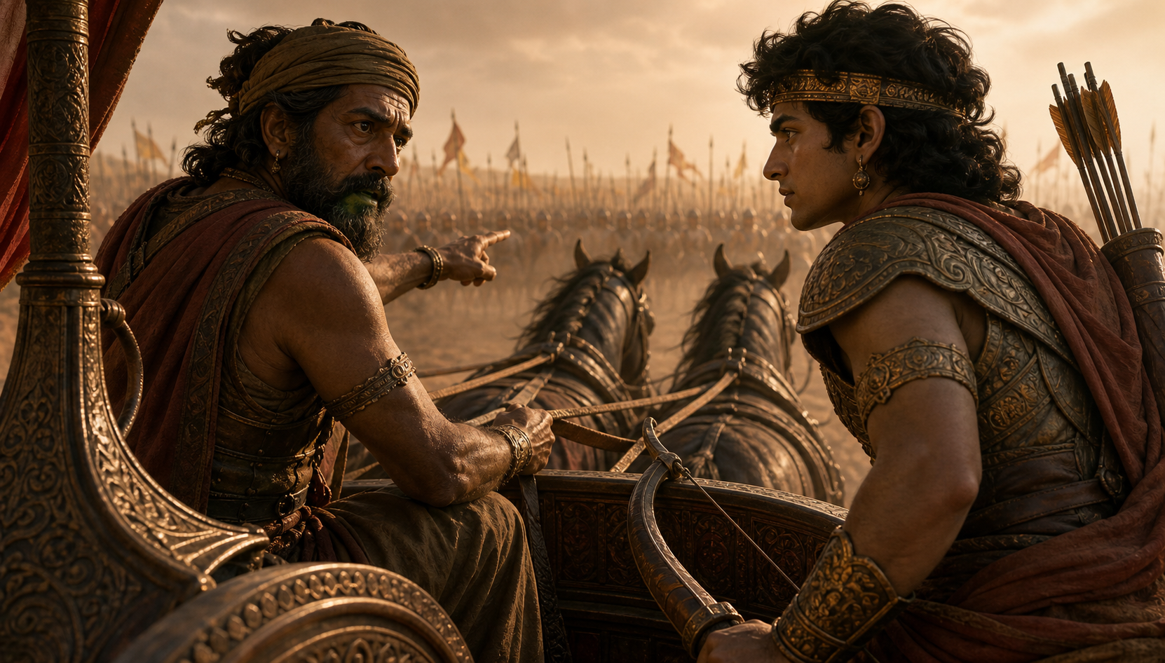 A concerned charioteer gestures toward the battlefield while Abhimanyu leans forward with his hand on his bow.