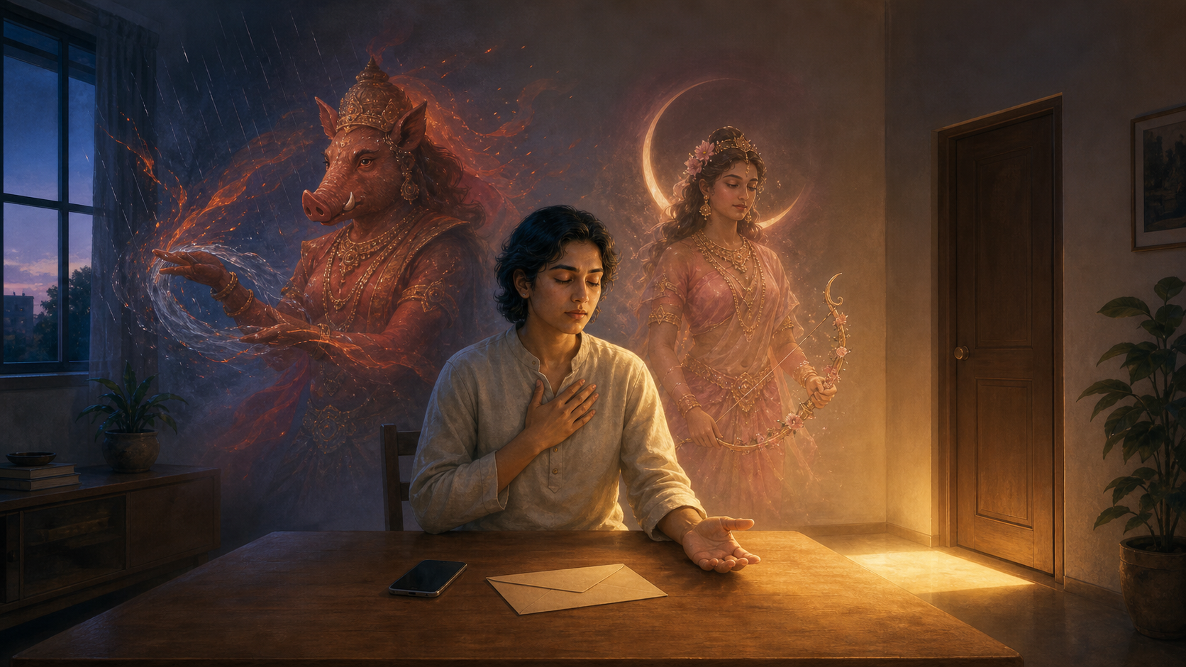 A person pauses at a table before a phone and sealed envelope while separate red and gold guardian figures stand quietly behind them.