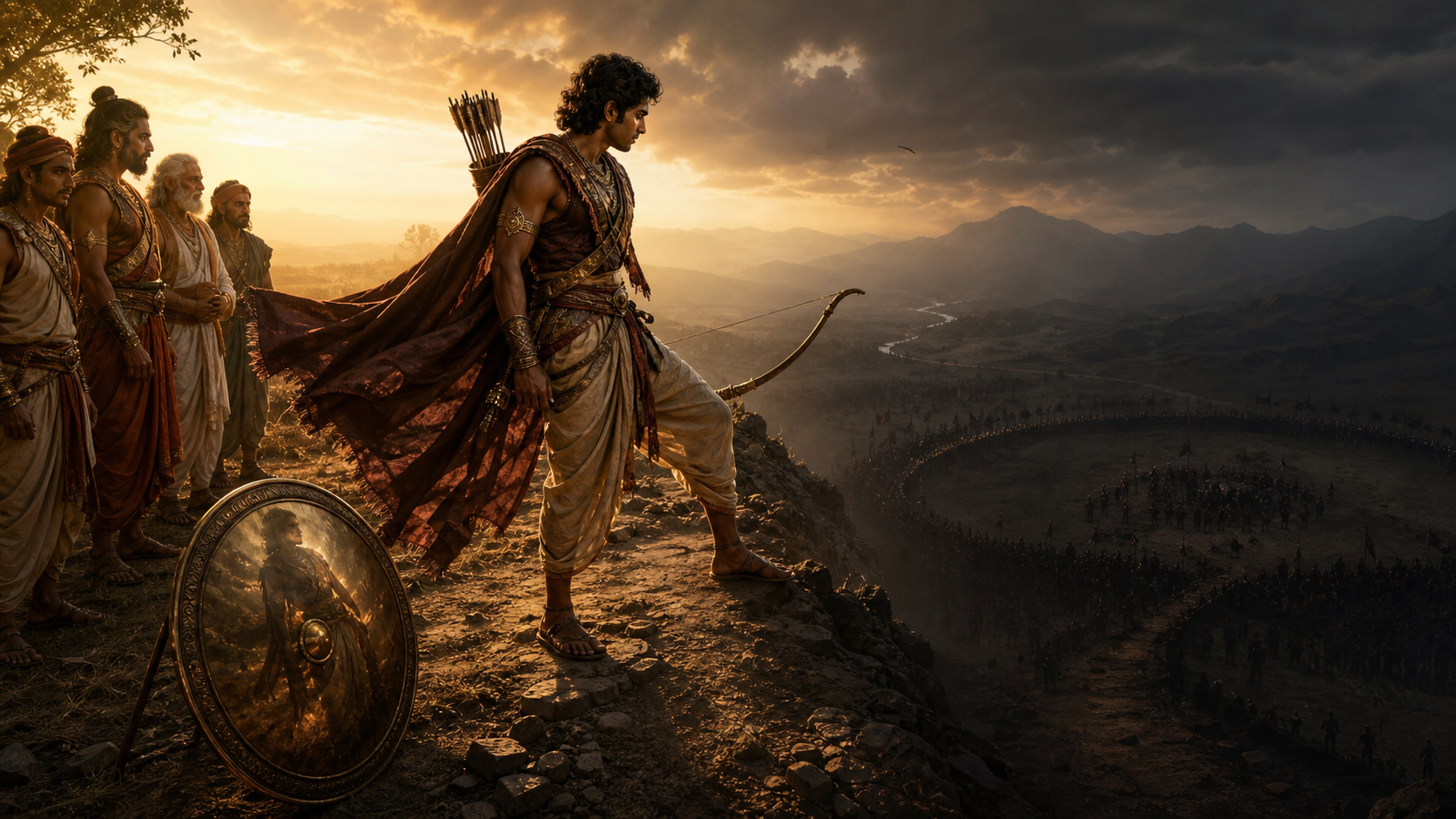 A young warrior steps from a sunlit ridge toward a crumbling path and a shadowed ring of enemy forces while companions remain behind him.