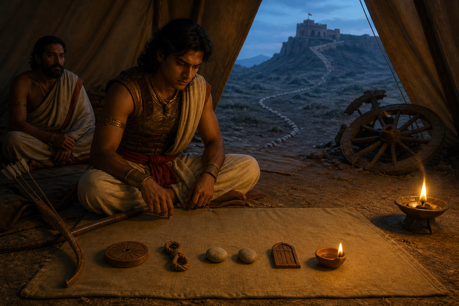 A seated warrior pauses beside an adviser, an oil lamp and five unmarked objects before lifting his bow in a predawn camp.