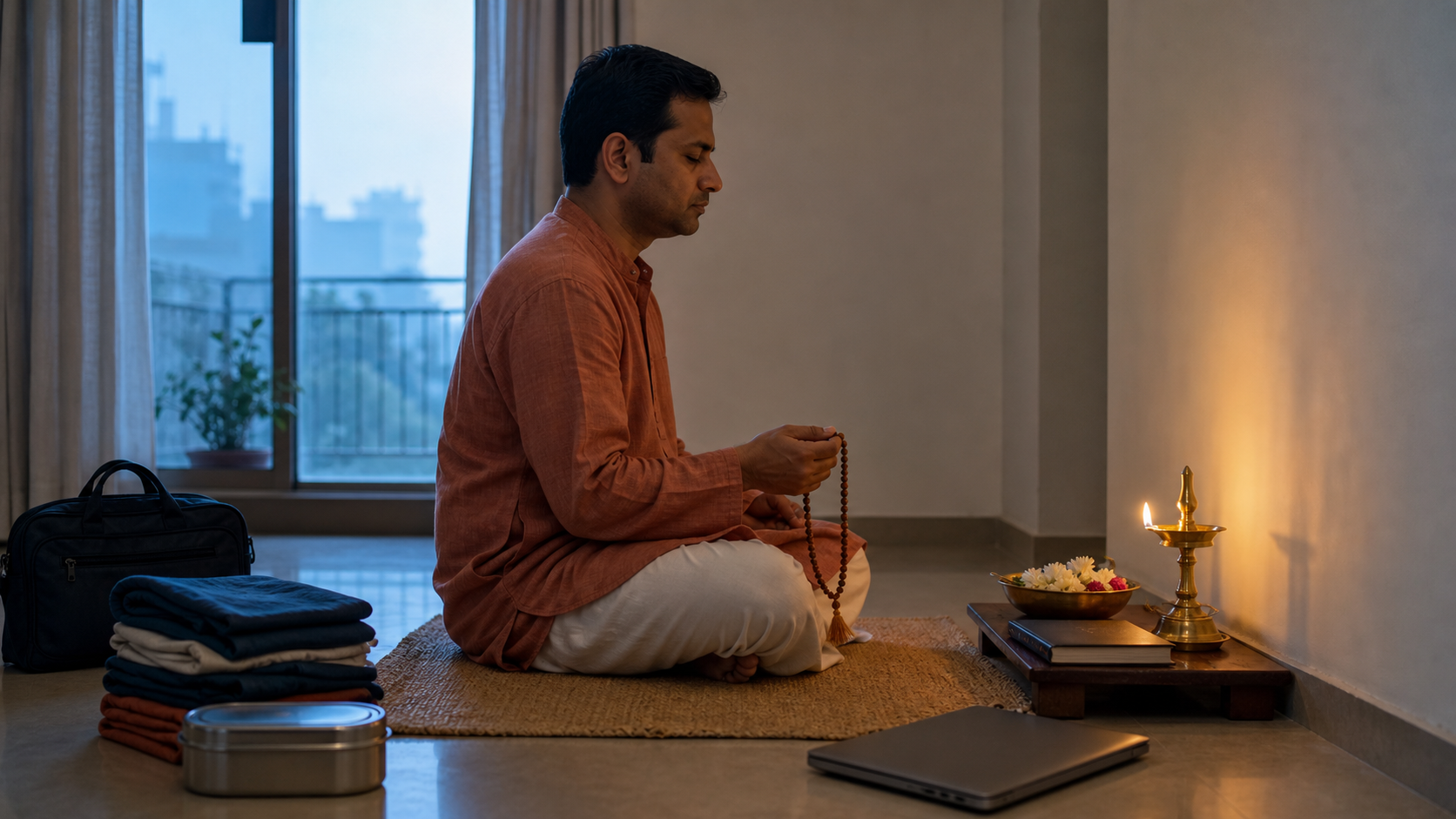 An adult sits on a woven mat with prayer beads before a small home shrine at dawn, surrounded by a work bag, folded laundry, a lunch container, and a closed laptop.