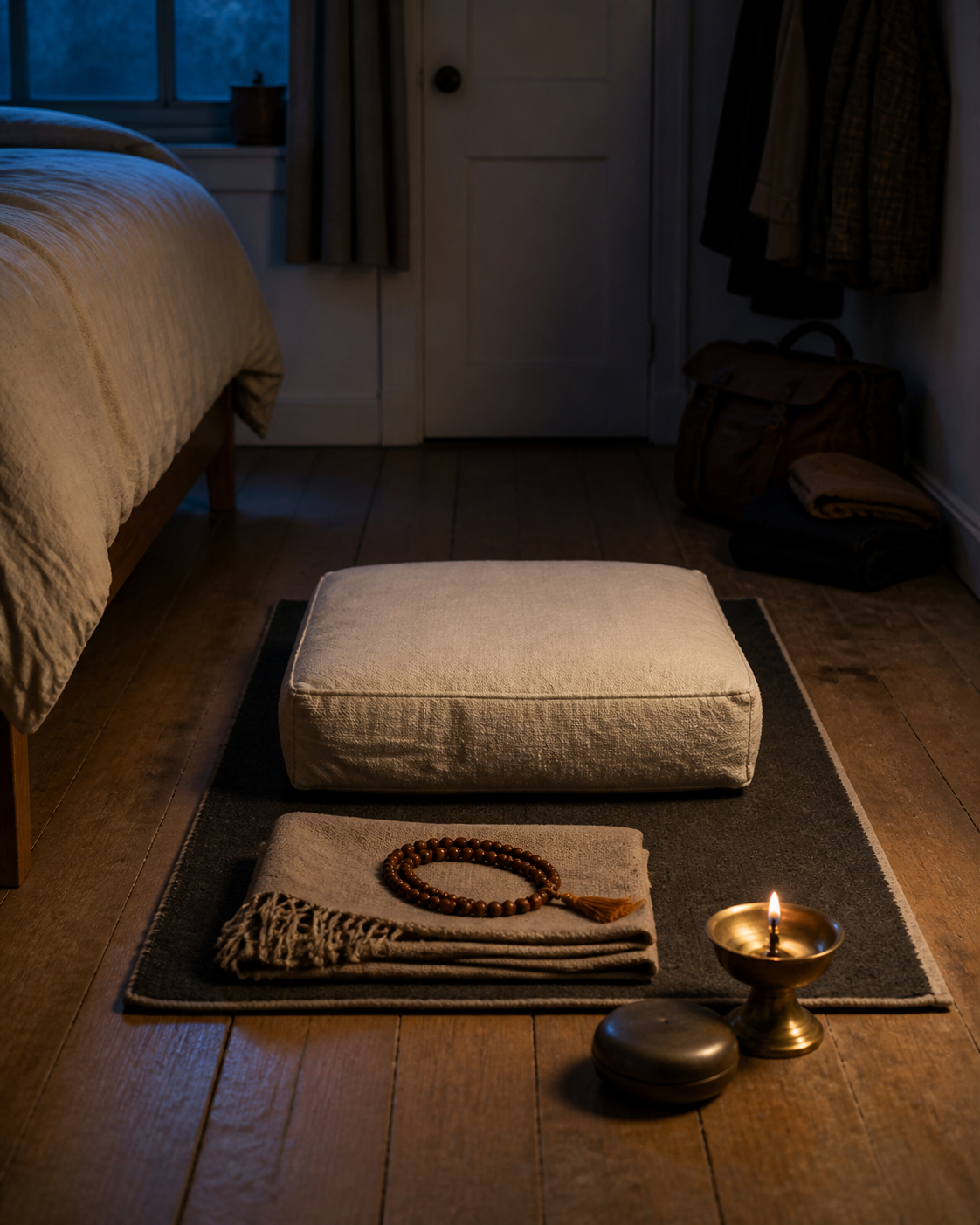 A meditation cushion, folded shawl, wooden prayer beads, brass lamp, and alarm clock are arranged in a prepared bedroom practice corner.