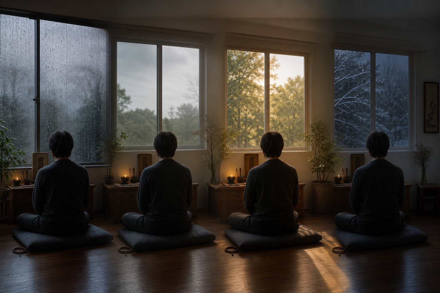 A practitioner remains seated with prayer beads before the same home shrine as rain, cloud, sunlight, and darkness appear across the window behind them.