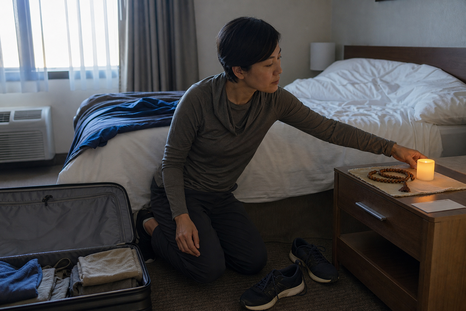 A traveler in a hotel room places a cloth, wooden prayer beads, and a small light on a bedside table beside an open suitcase.