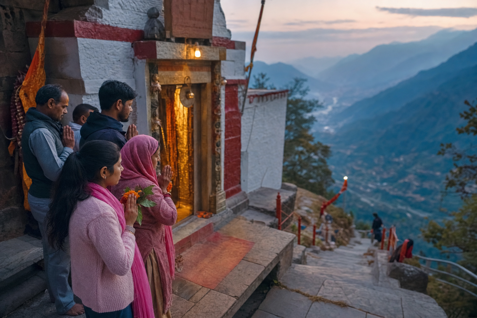 Pilgrims with folded hands and flower offerings pause for darshan near the hilltop shrine as the mountain route descends behind them.