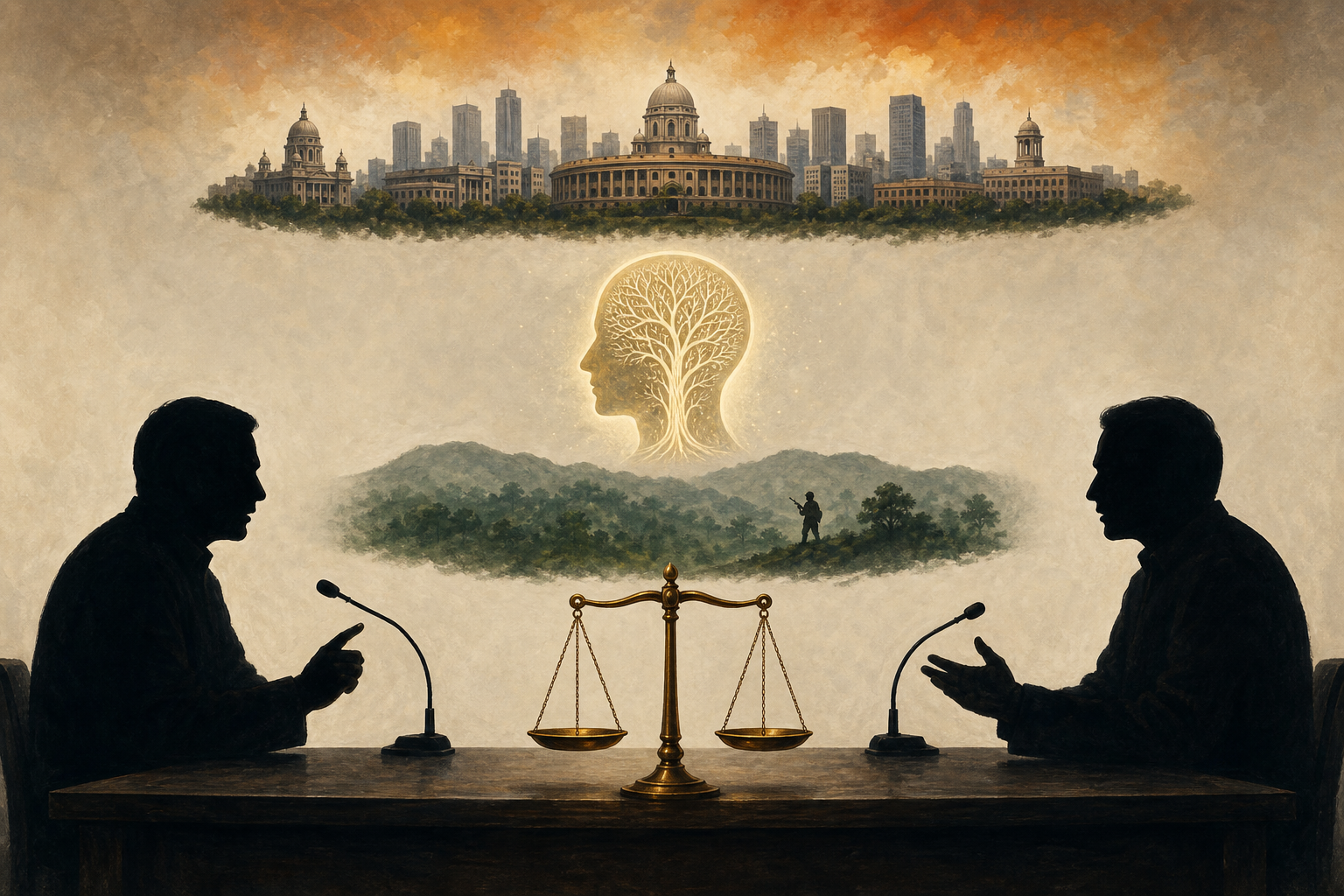 Editorial illustration of two anonymous political silhouettes debating across microphones, with separate symbols of a city, a thinking mind and a forest insurgency balanced at the center.