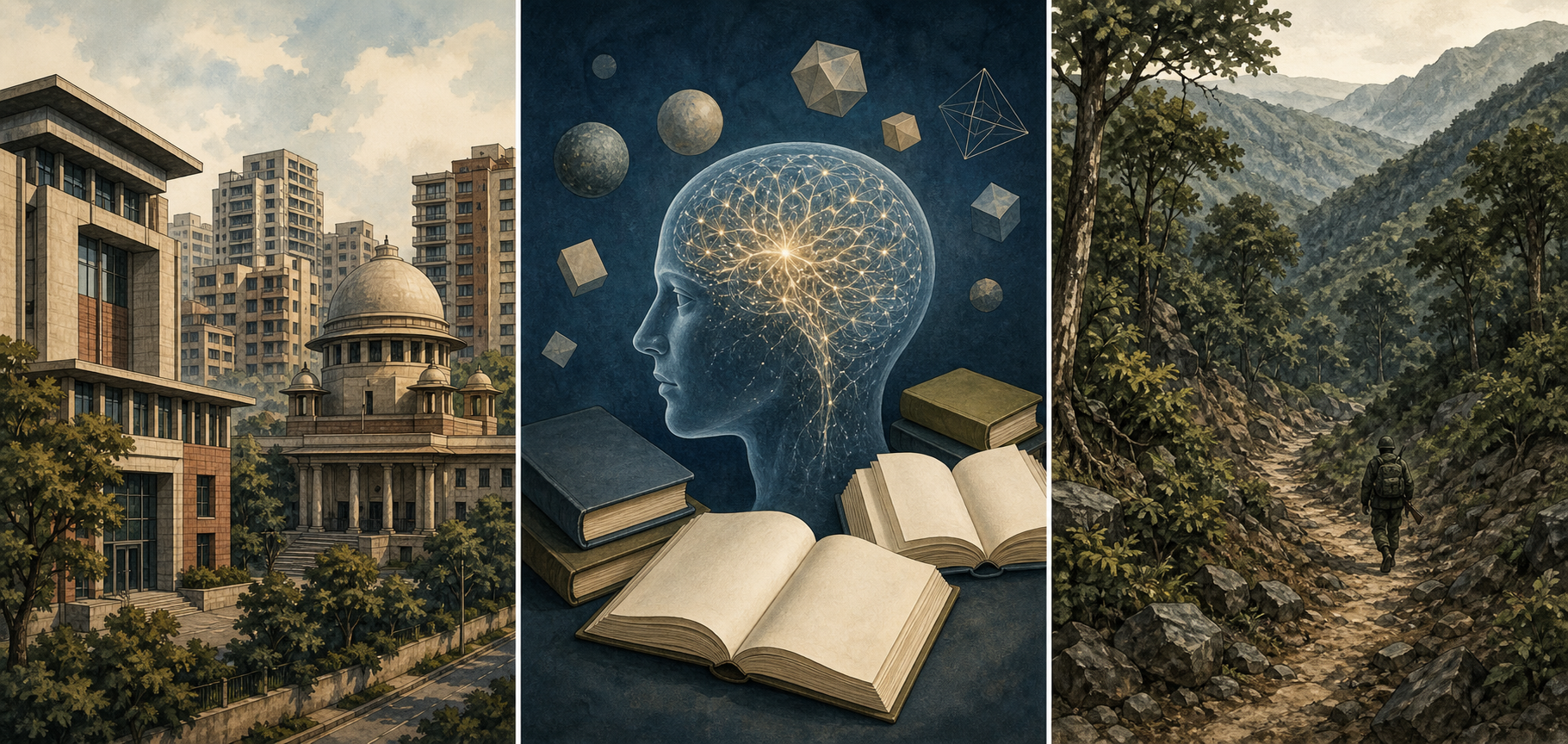 Three separated illustrated panels show an urban civic setting, a head filled with ideas and a distant armed figure in a forest.
