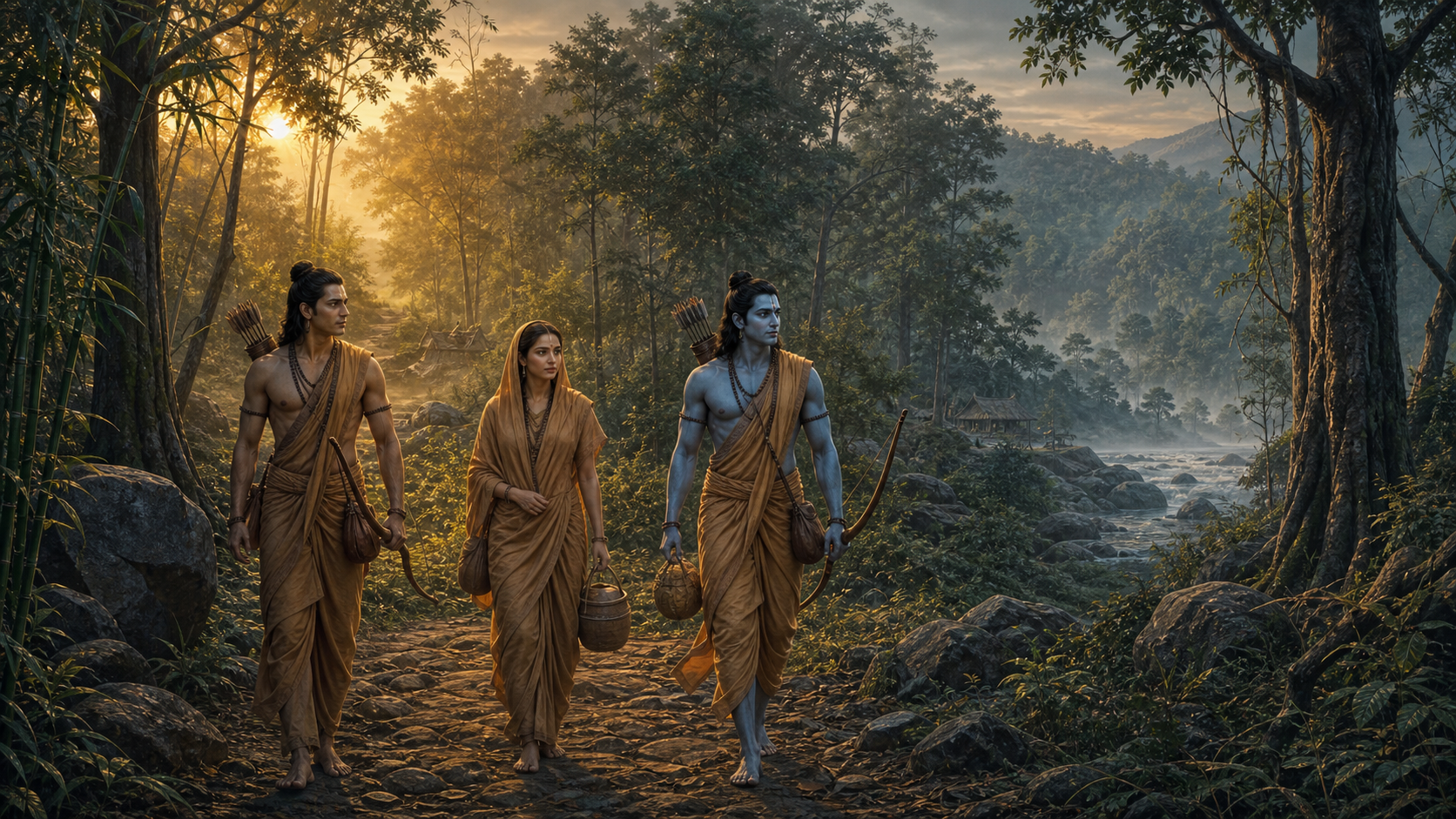 Rama, Sita, and Lakshmana walk along a forest path toward a distant hermitage in the vast woodland of Dandakaranya.