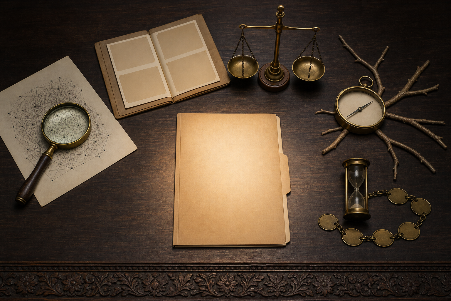 Five investigative objects, including a magnifying lens, balanced weights, compass, hourglass and connected tokens, surround a blank dossier on a wooden desk.
