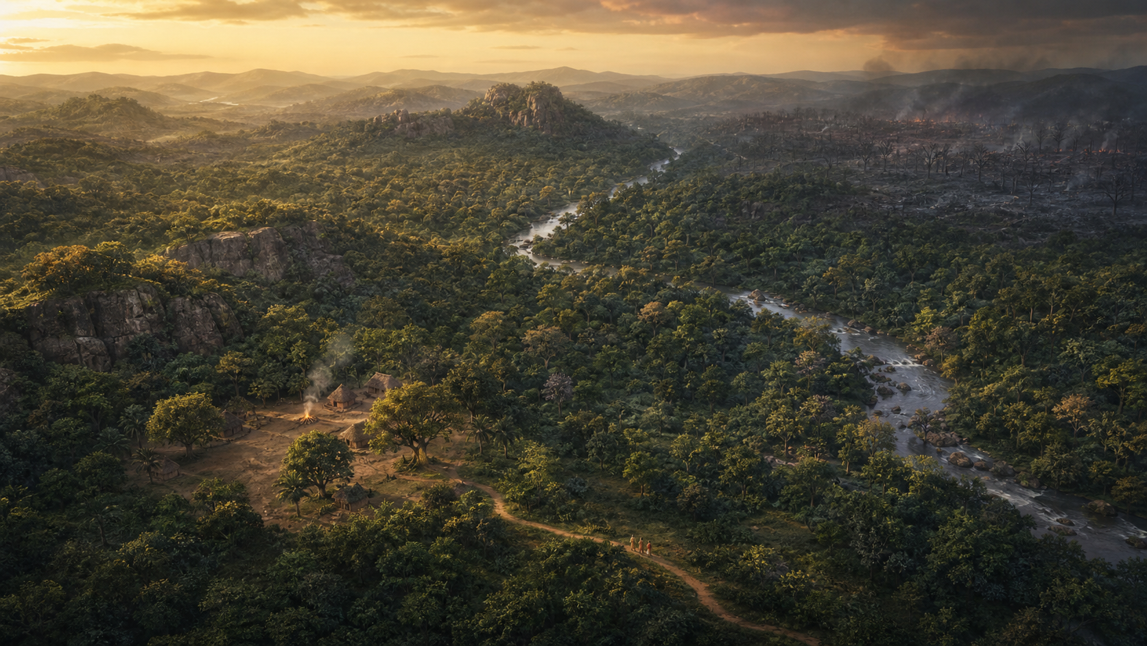 A vast forest of hills, rivers, paths, and hermitage clearings surrounds three travelers moving through Dandakaranya.