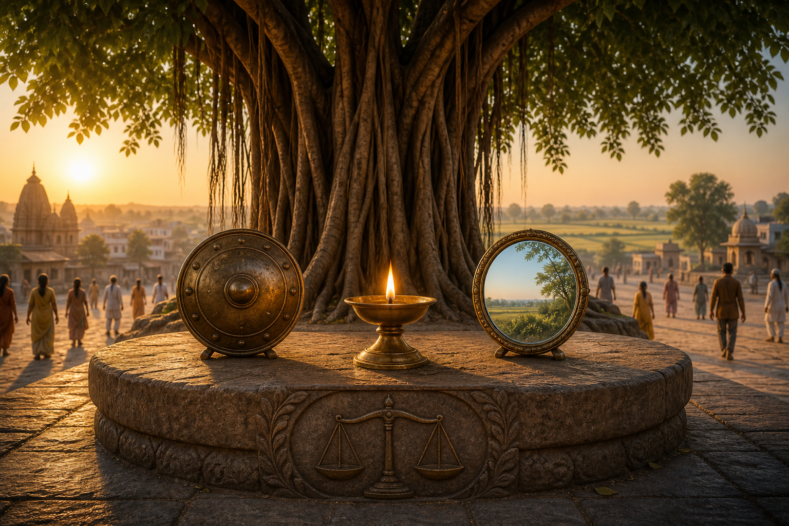 A brass oil lamp beneath a banyan tree stands between a shield and a clear mirror, with a peaceful Indian town visible at sunrise.