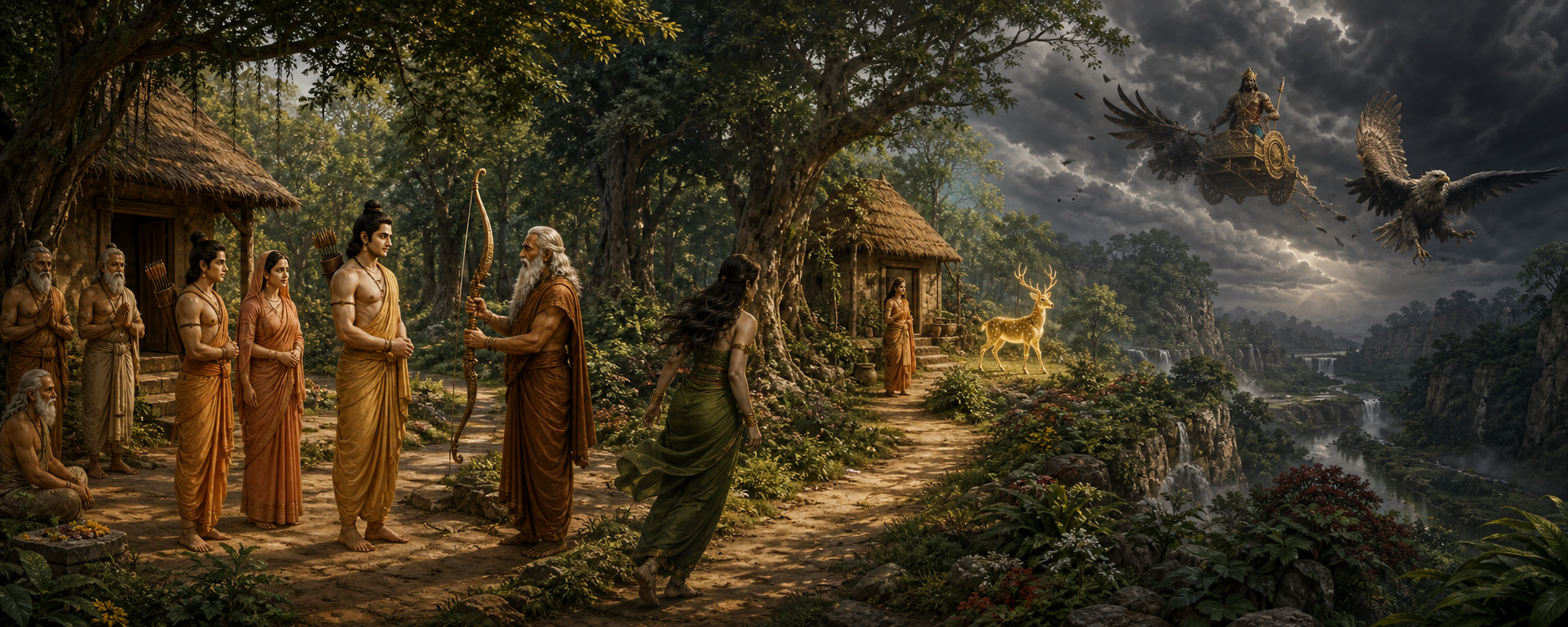 A continuous forest panorama links the rishis, Agastya's gift of a bow, Shurpanakha's arrival, the golden deer, and Jatayu confronting Ravana's departing chariot.